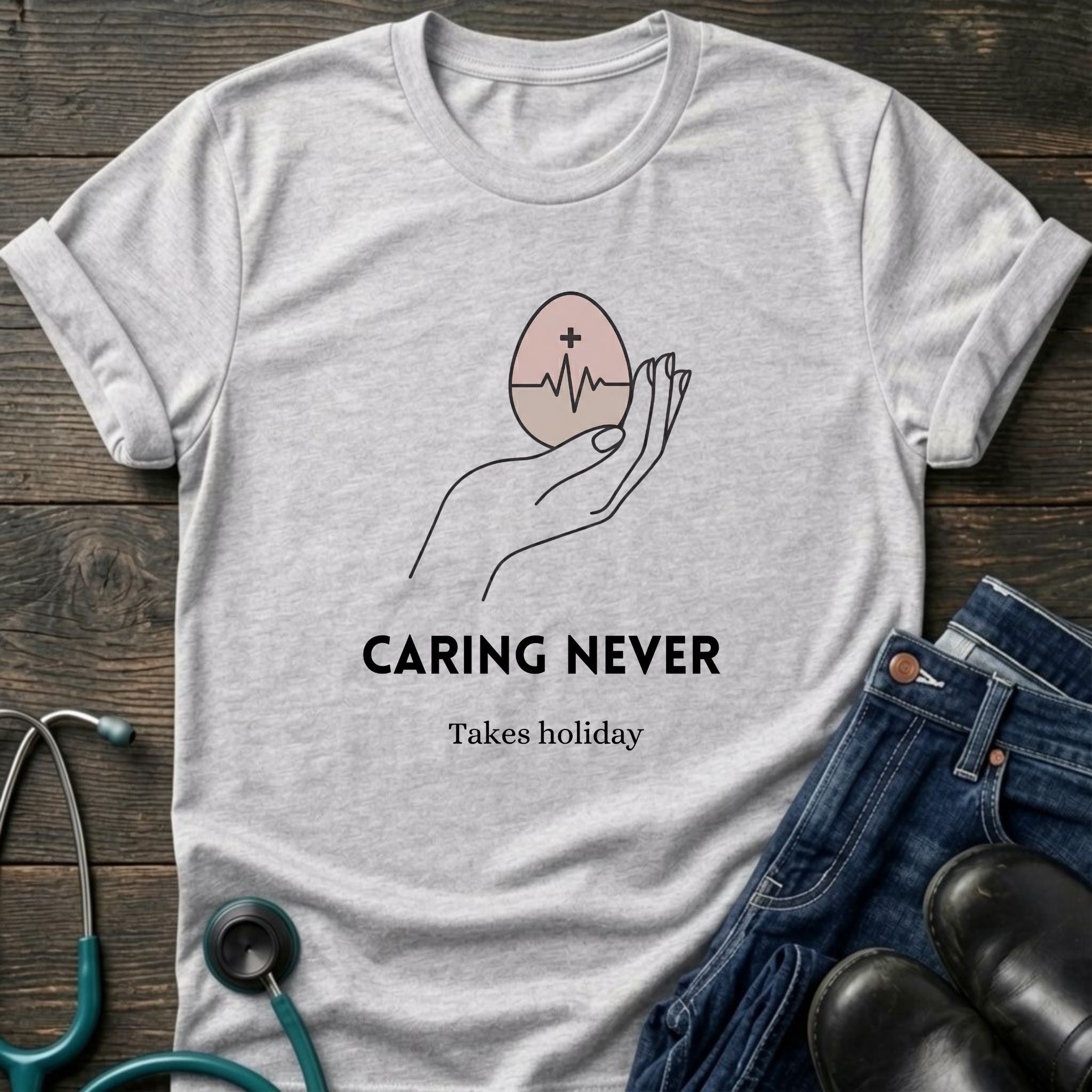Caring Never Stops Nurse Humor Graphic Tee - Sport Grey / XS | YOUSTOMIZE