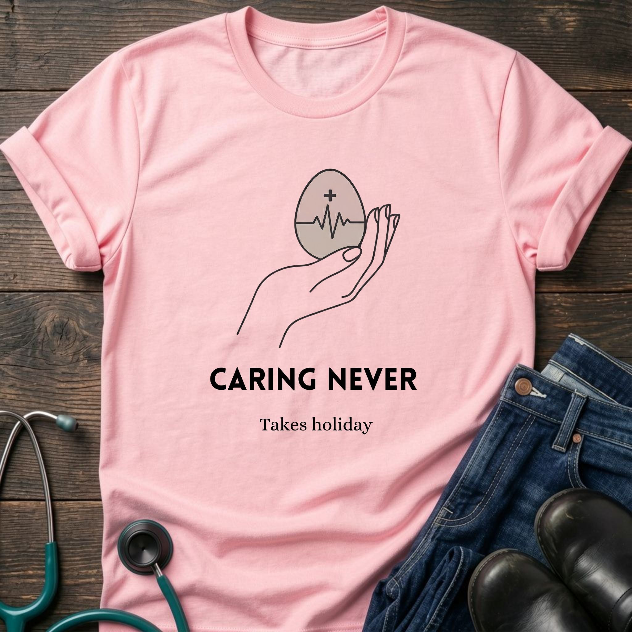 Caring Never Stops Nurse Humor Graphic Tee - Sport Grey / XS | YOUSTOMIZE