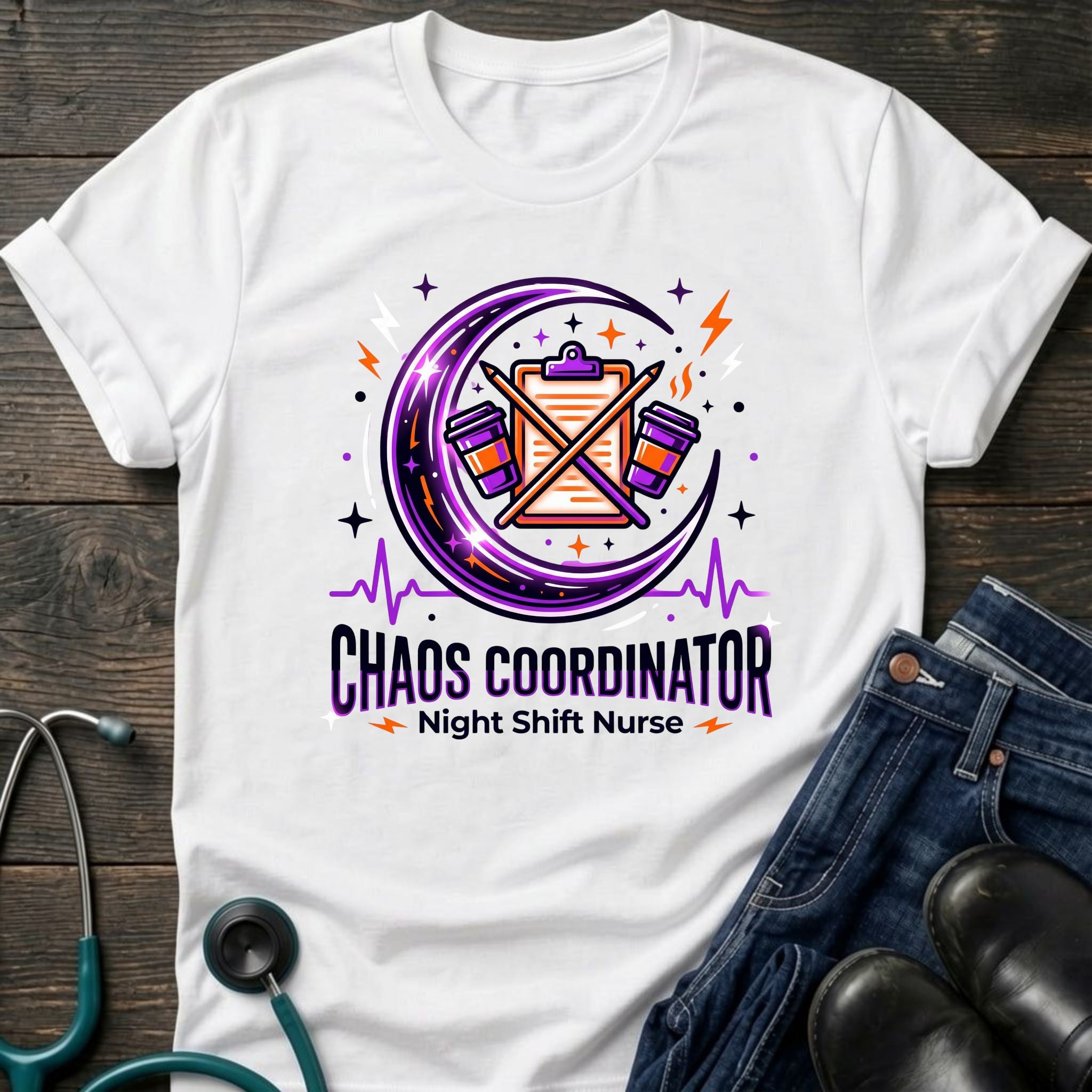 Chaos Coordinator Night Shift Nurse Graphic Tee - White / XS | YOUSTOMIZE
