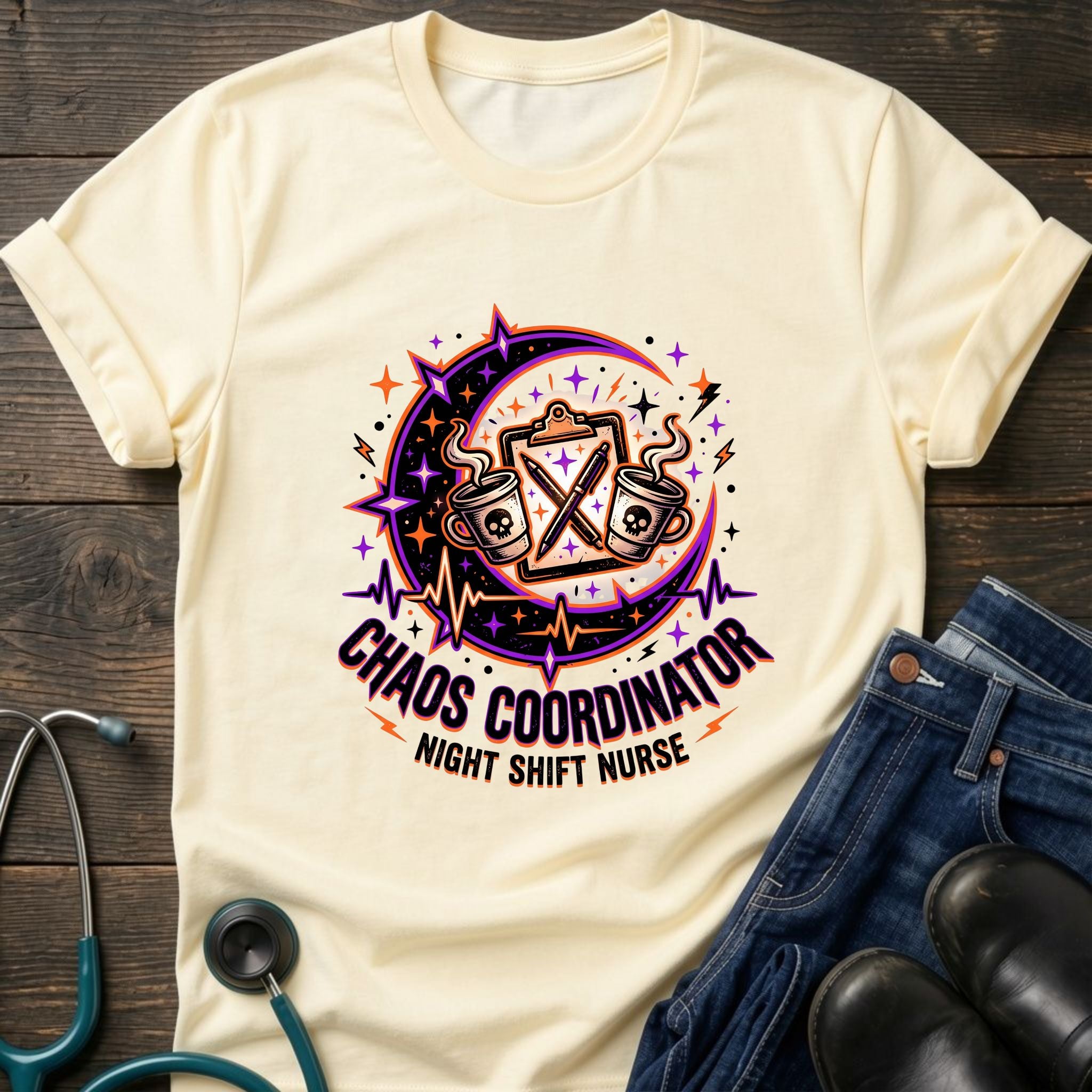 Chaos Coordinator Night Shift Nurse Moon Humor Tee - Natural / S | YOUSTOMIZE