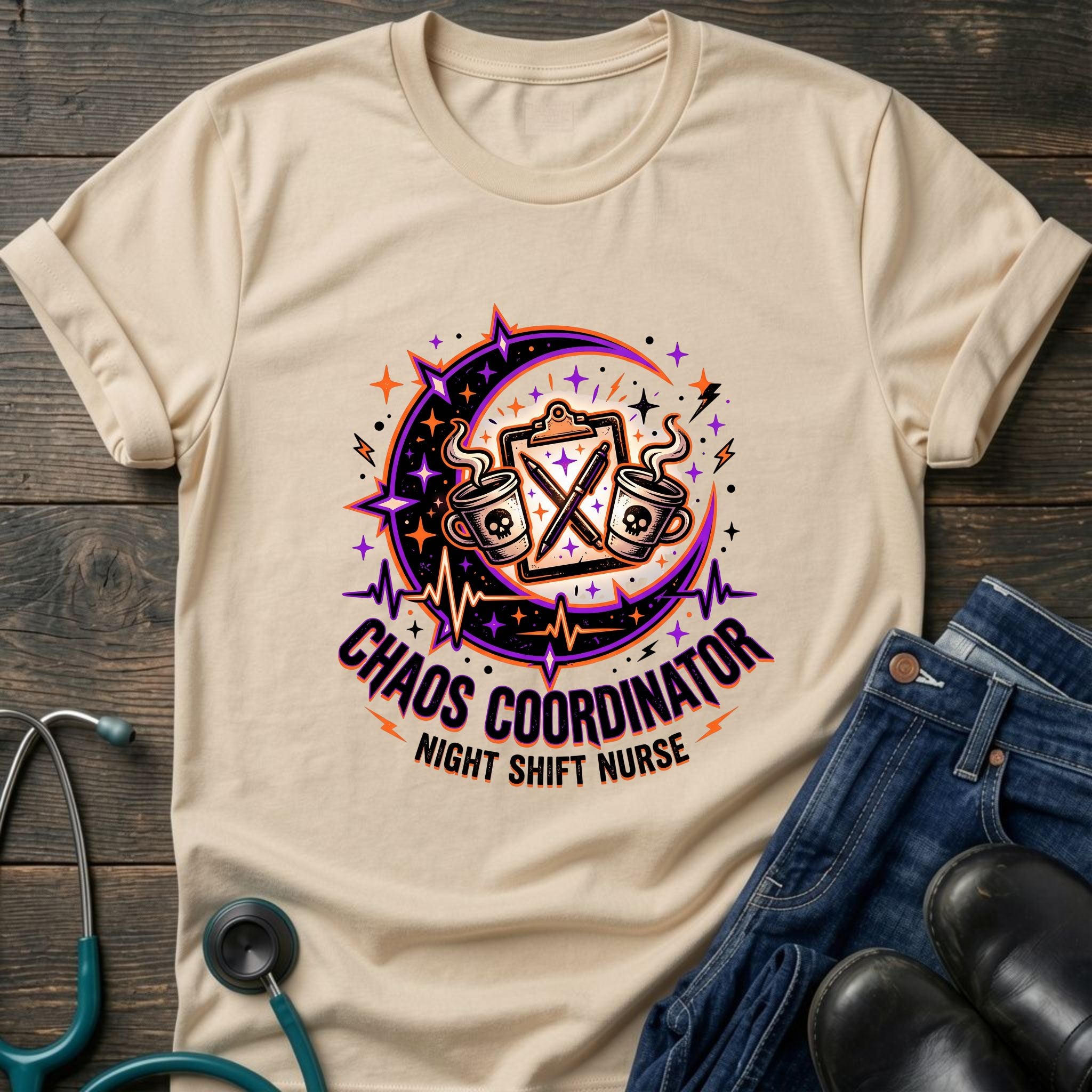 Chaos Coordinator Night Shift Nurse Moon Humor Tee - Natural / S | YOUSTOMIZE