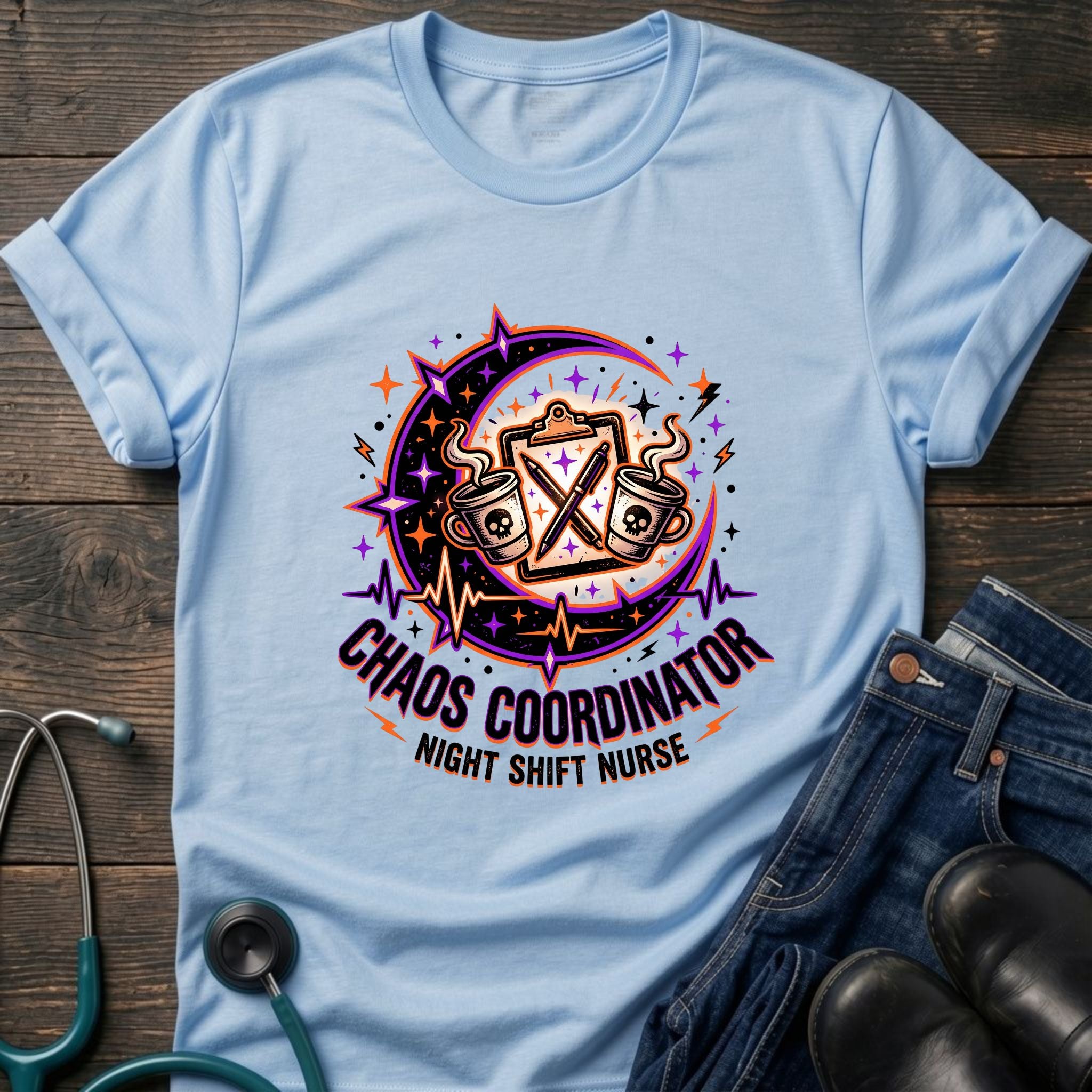 Chaos Coordinator Night Shift Nurse Moon Humor Tee - Natural / S | YOUSTOMIZE