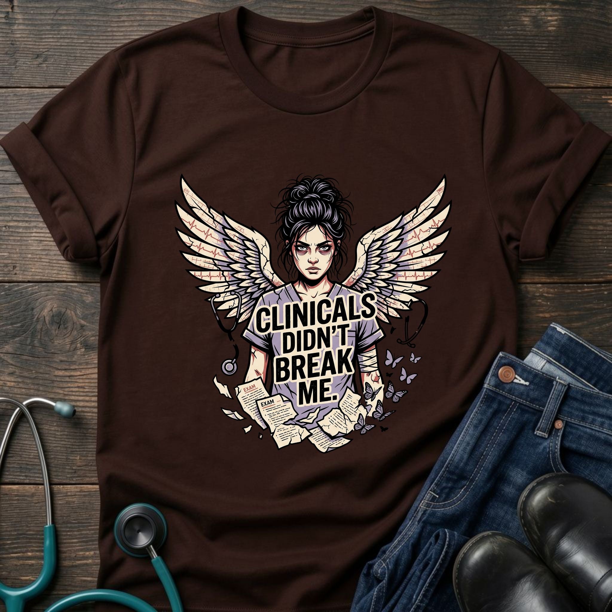 Clinicals Didn't Break Me Angel Wings Nurse Resilience Tee - Dark Heather / XS | YOUSTOMIZE