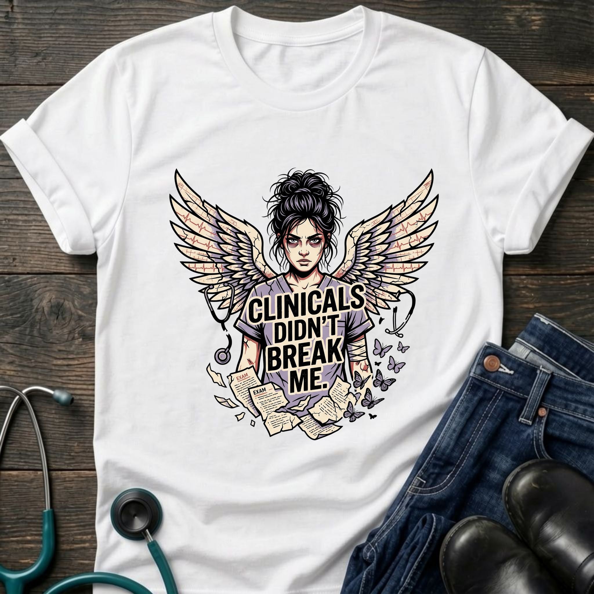 Clinicals Didn't Break Me Angel Wings Nurse Resilience Tee - Dark Heather / XS | YOUSTOMIZE