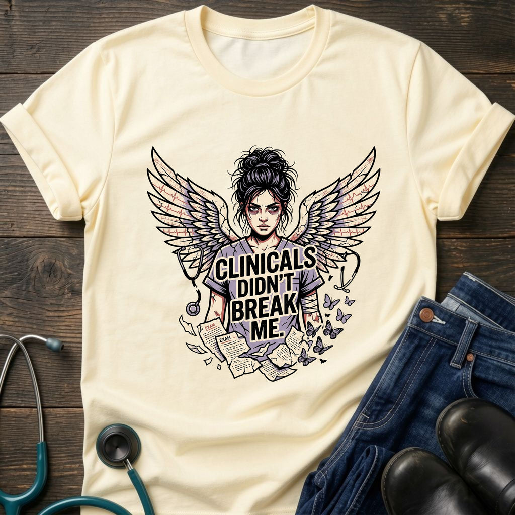 Clinicals Didn't Break Me Angel Wings Nurse Resilience Tee - Dark Heather / XS | YOUSTOMIZE