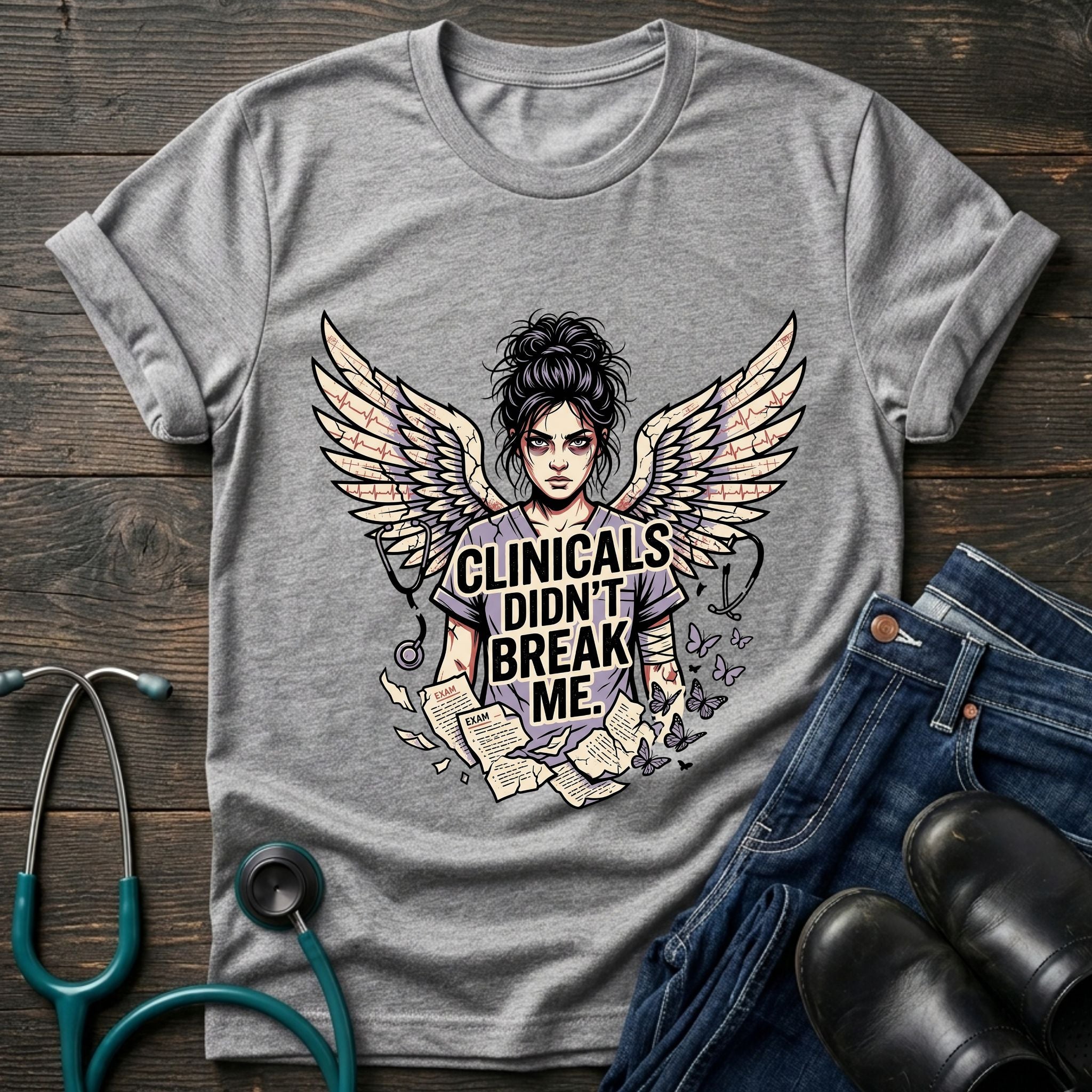 Clinicals Didn't Break Me Angel Wings Nurse Resilience Tee - Dark Heather / XS | YOUSTOMIZE
