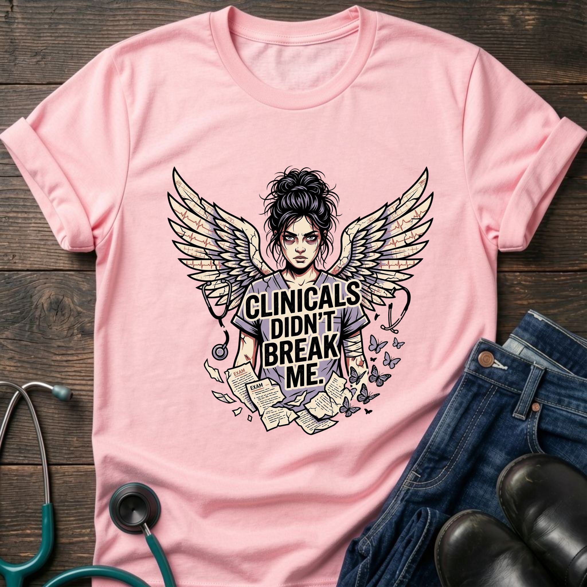 Clinicals Didn't Break Me Angel Wings Nurse Resilience Tee - Dark Heather / XS | YOUSTOMIZE