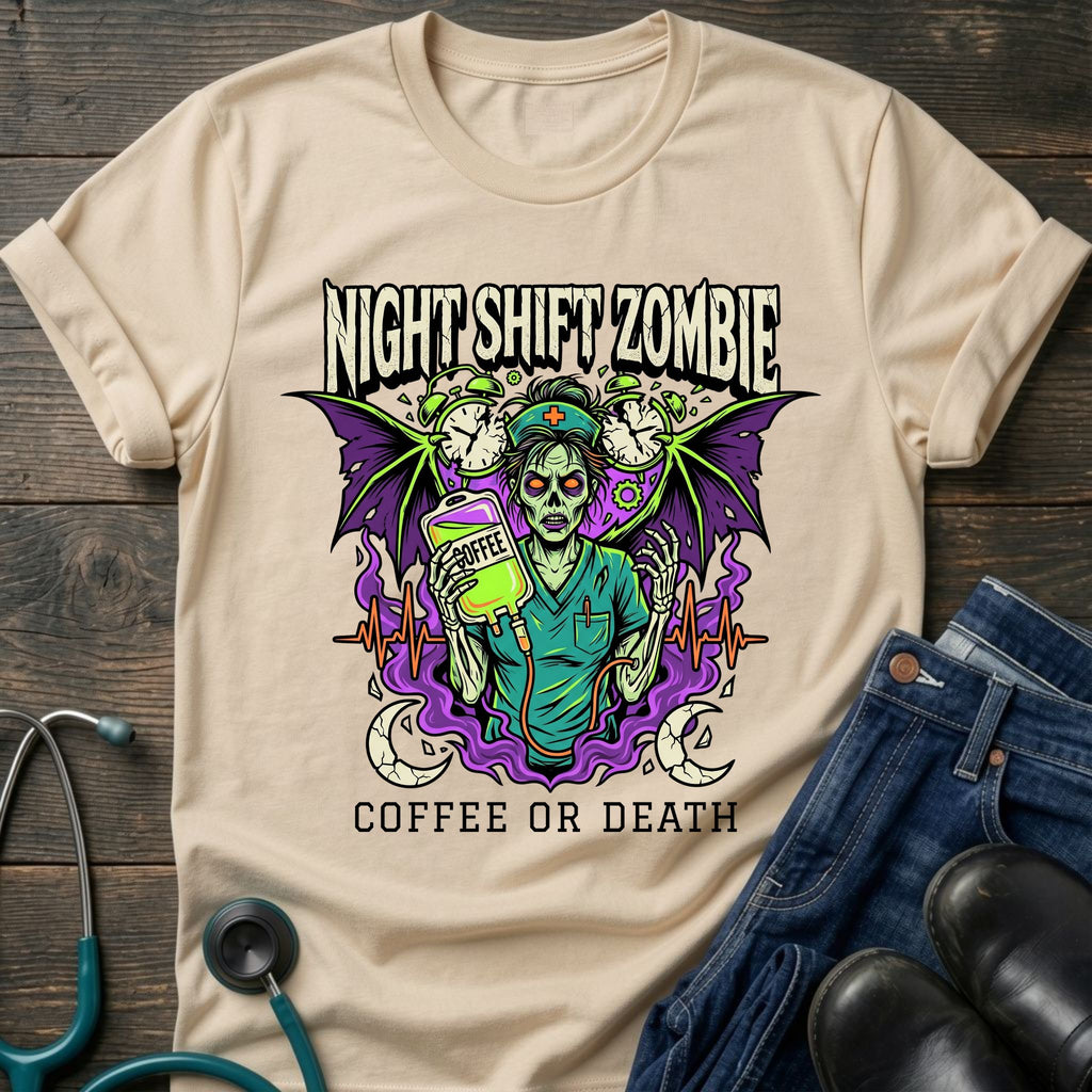 Coffee or Death Night Shift Zombie Goth Nurse Graveyard Tee - Navy / XS | YOUSTOMIZE