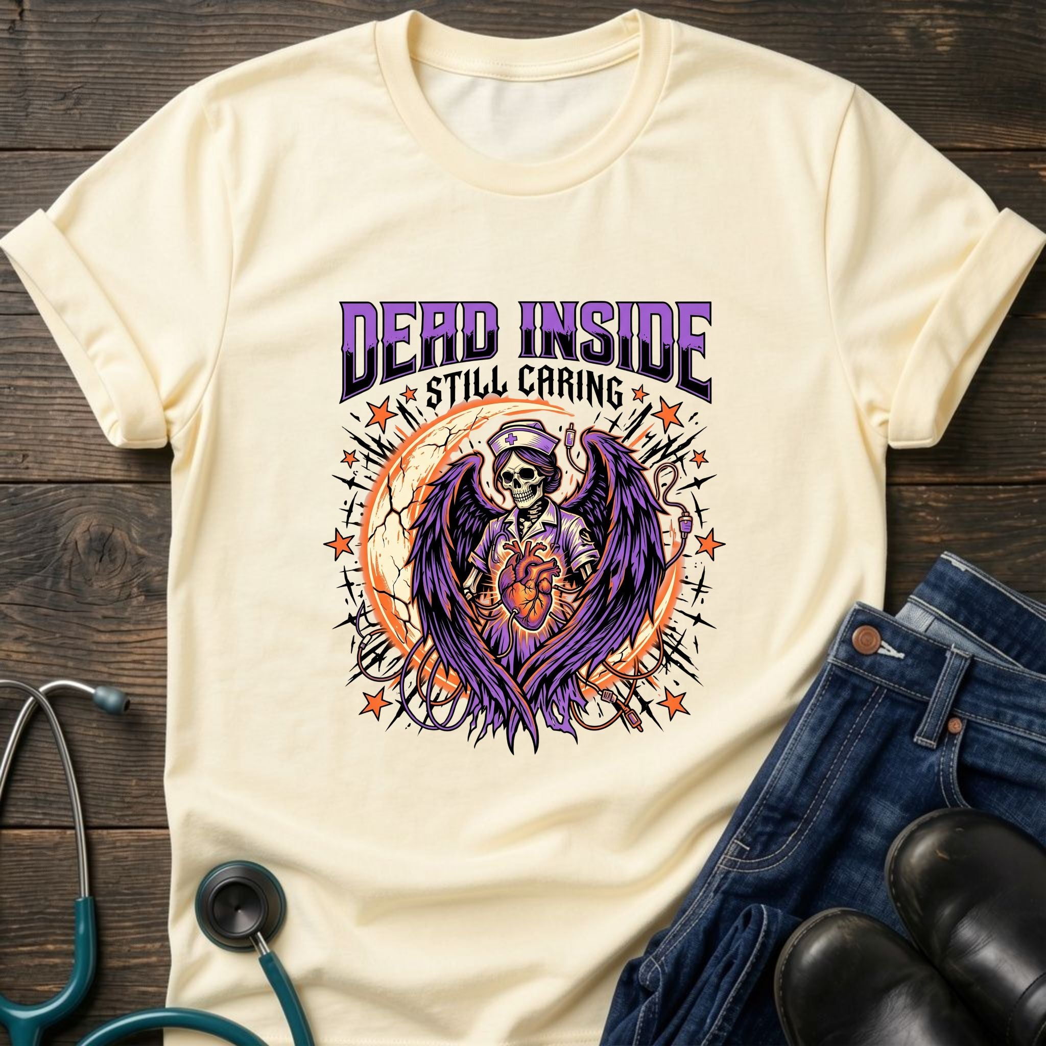Dead Inside Still Caring Nurse Burnout Healthcare Humor Tee - White / XS | YOUSTOMIZE
