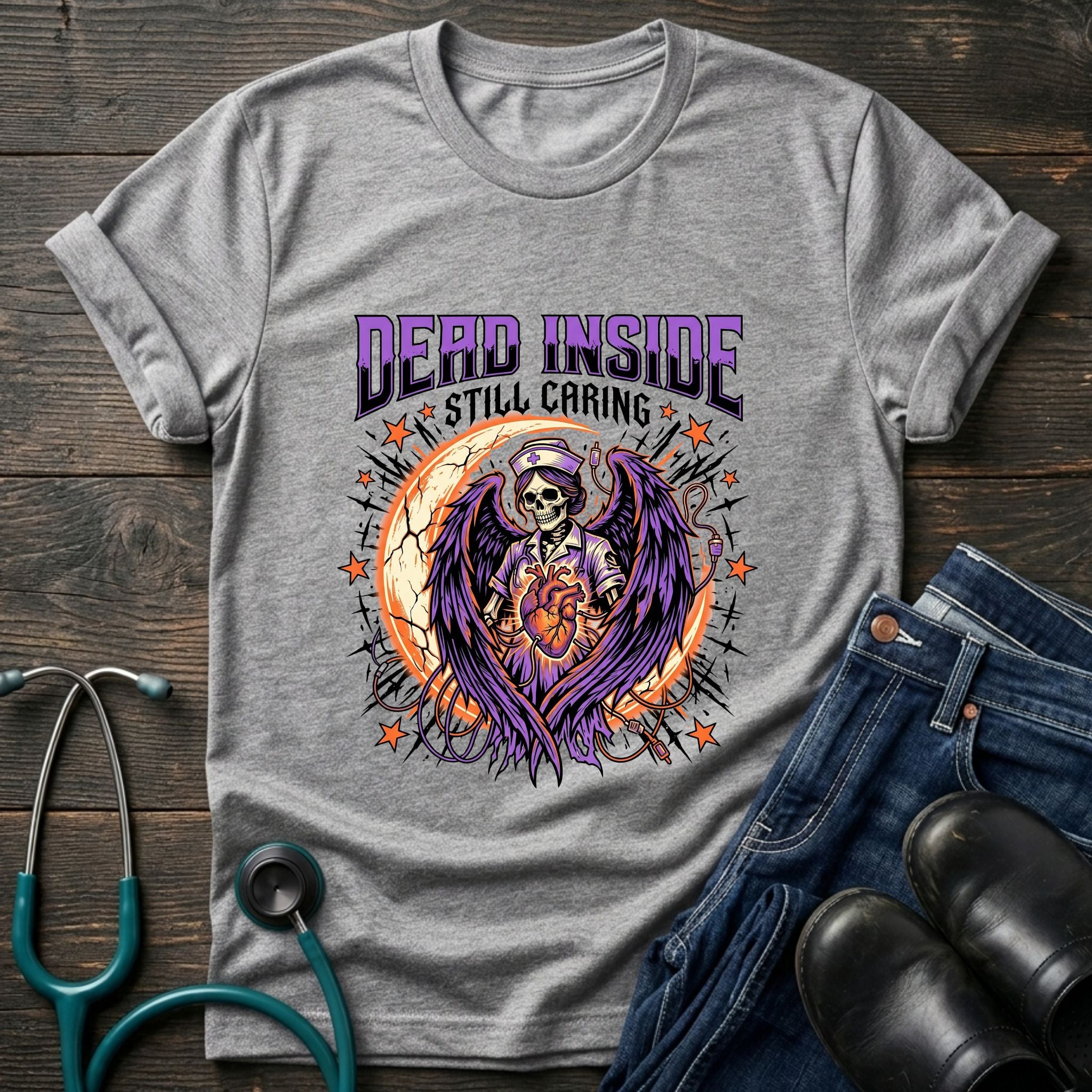 Dead Inside Still Caring Nurse Burnout Healthcare Humor Tee - White / XS | YOUSTOMIZE