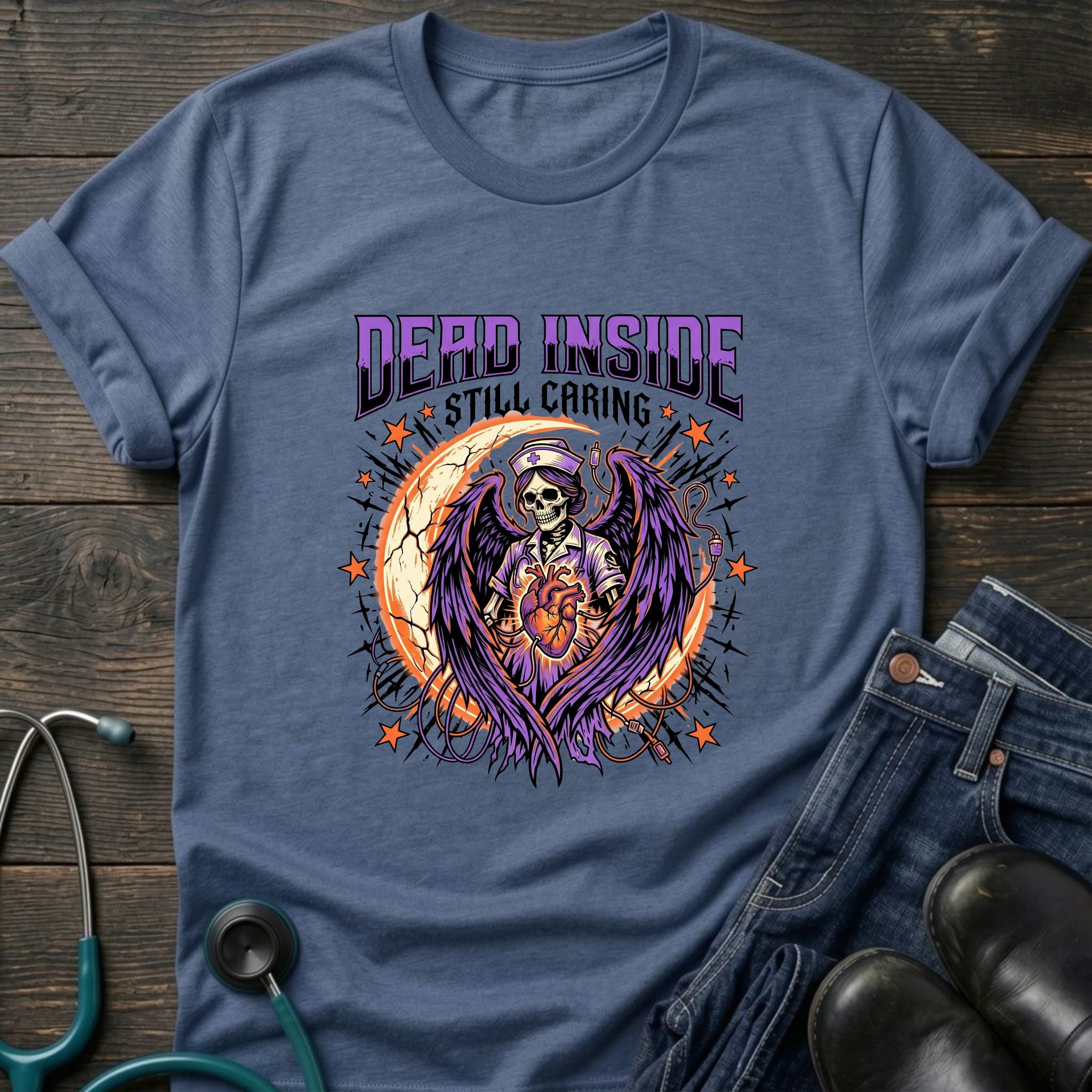 Dead Inside Still Caring Nurse Burnout Healthcare Humor Tee - White / XS | YOUSTOMIZE