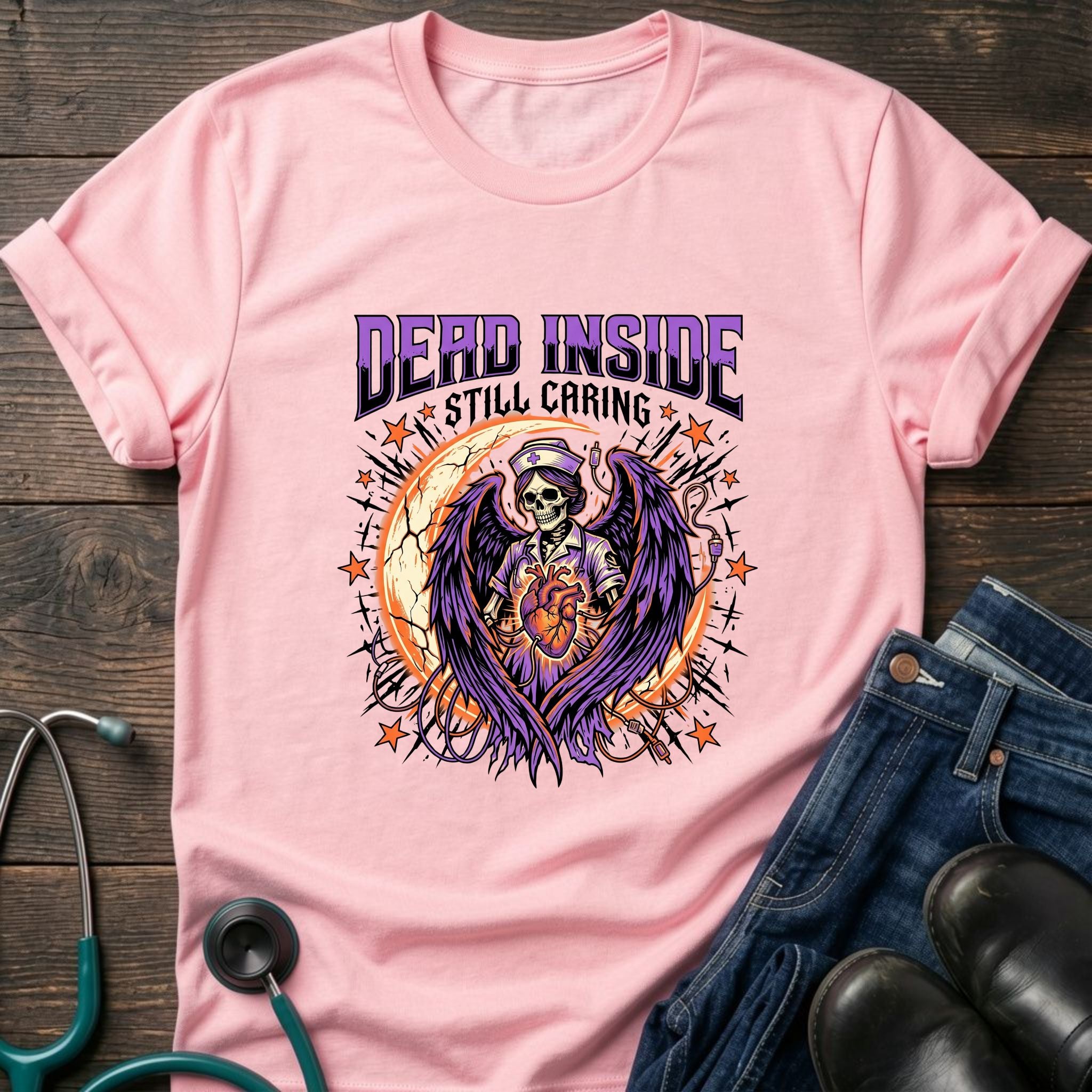 Dead Inside Still Caring Nurse Burnout Healthcare Humor Tee - White / XS | YOUSTOMIZE