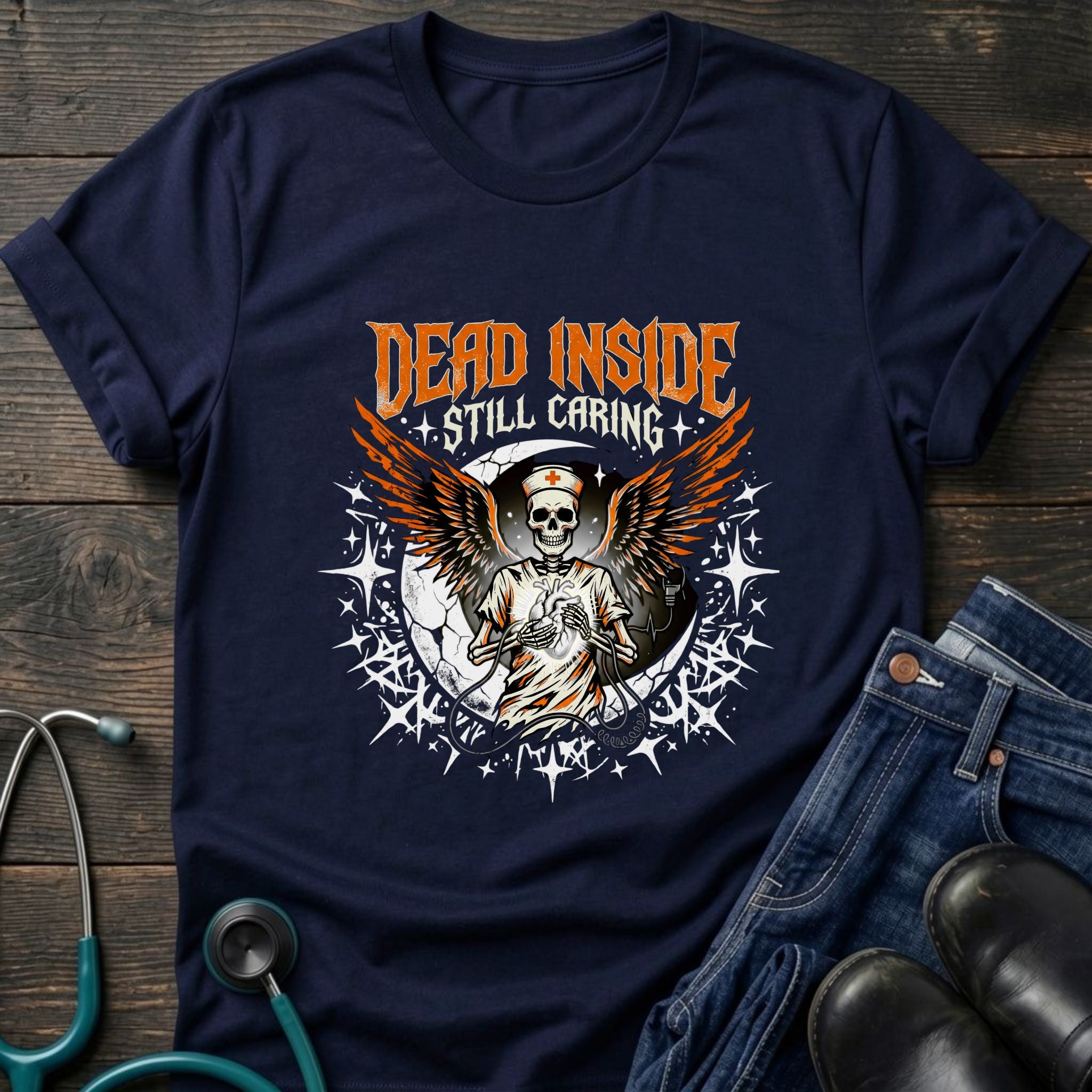 Dead Inside Still Caring Skull Wings Nurse Burnout Tee - Navy / XS | YOUSTOMIZE