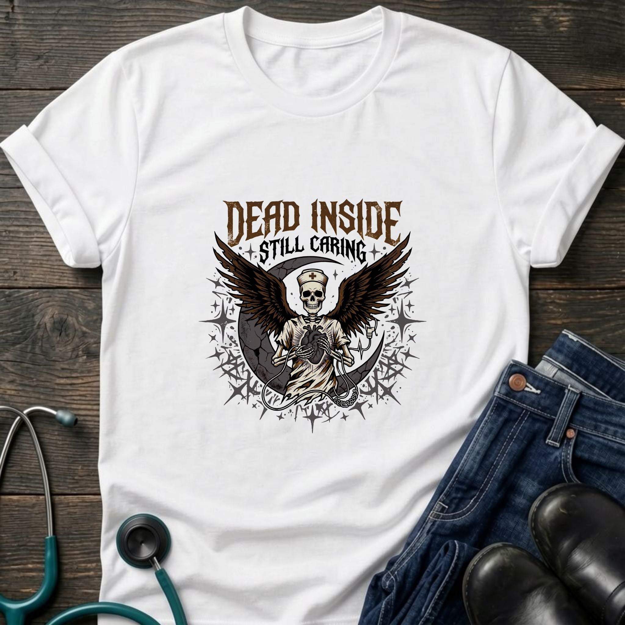 Dead Inside Still Caring Skull Wings Nurse Burnout Tee - Navy / XS | YOUSTOMIZE