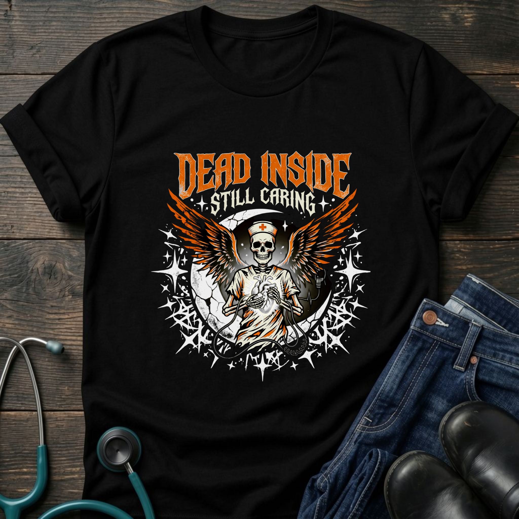 Dead Inside Still Caring Skull Wings Nurse Burnout Tee - Navy / XS | YOUSTOMIZE