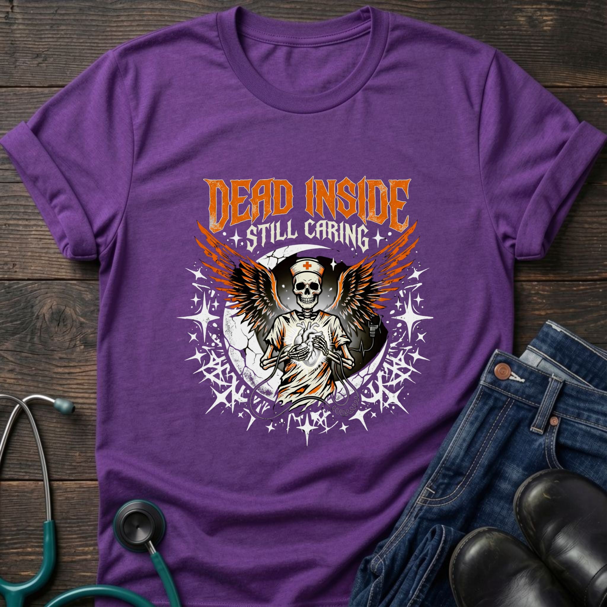 Dead Inside Still Caring Skull Wings Nurse Burnout Tee - Navy / XS | YOUSTOMIZE