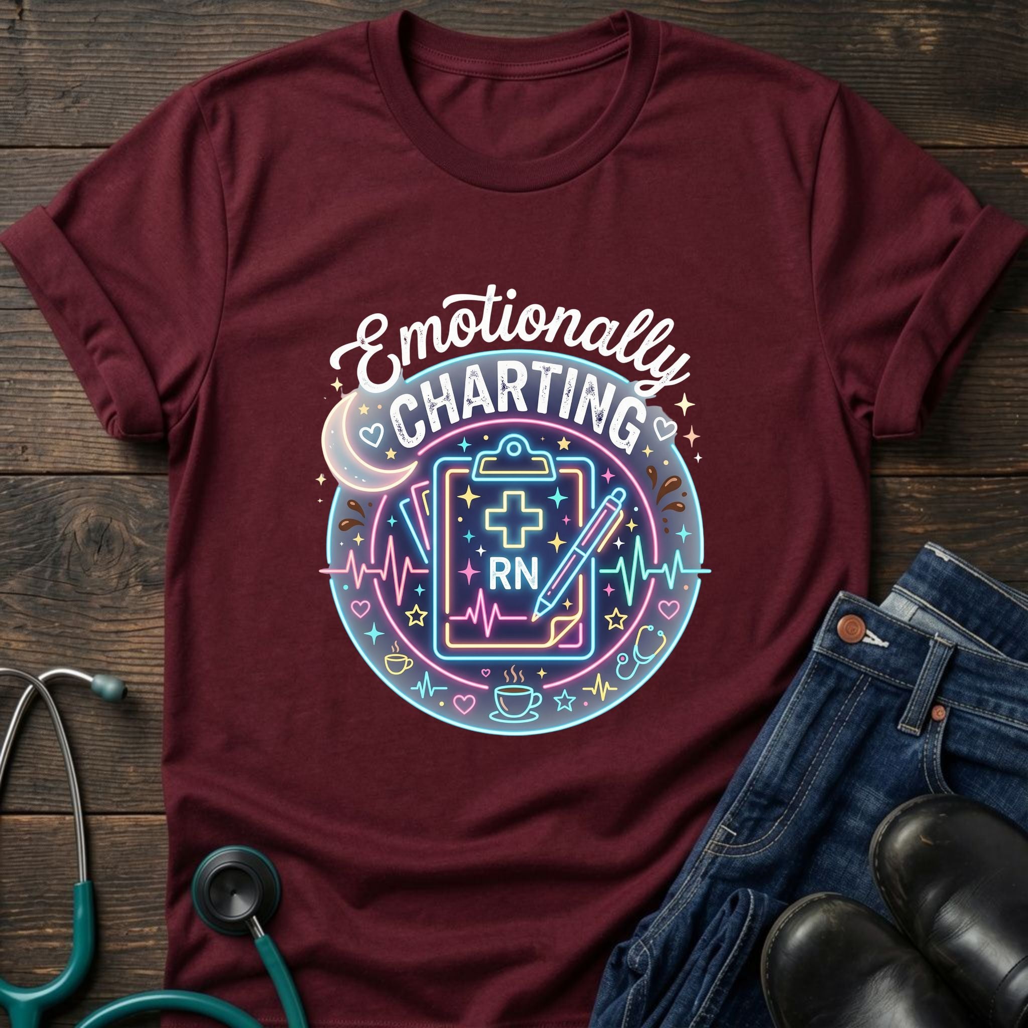 Emotionally Charting RN Stethoscope Neon Badge Nurse Tee - Dark Chocolate / S | YOUSTOMIZE