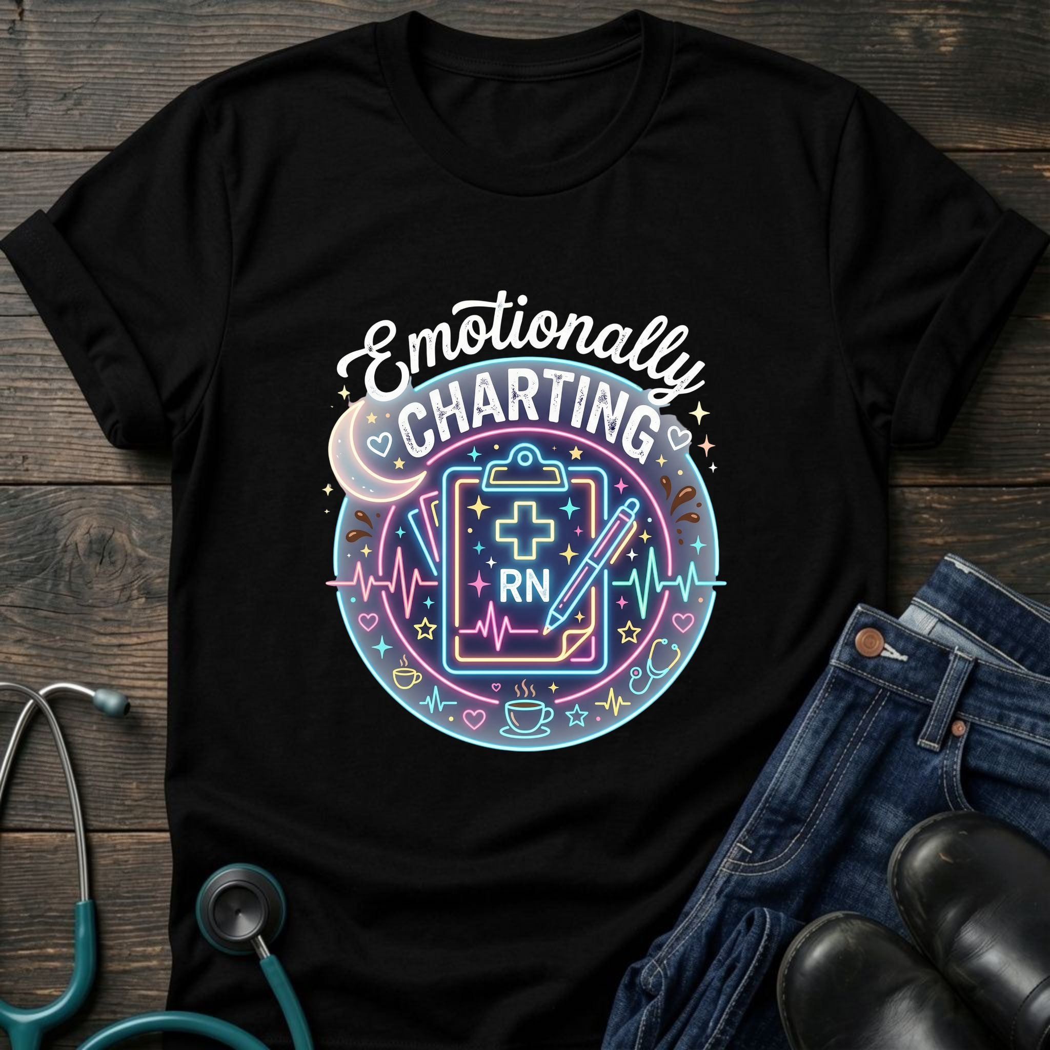Emotionally Charting RN Stethoscope Neon Badge Nurse Tee - Dark Chocolate / S | YOUSTOMIZE