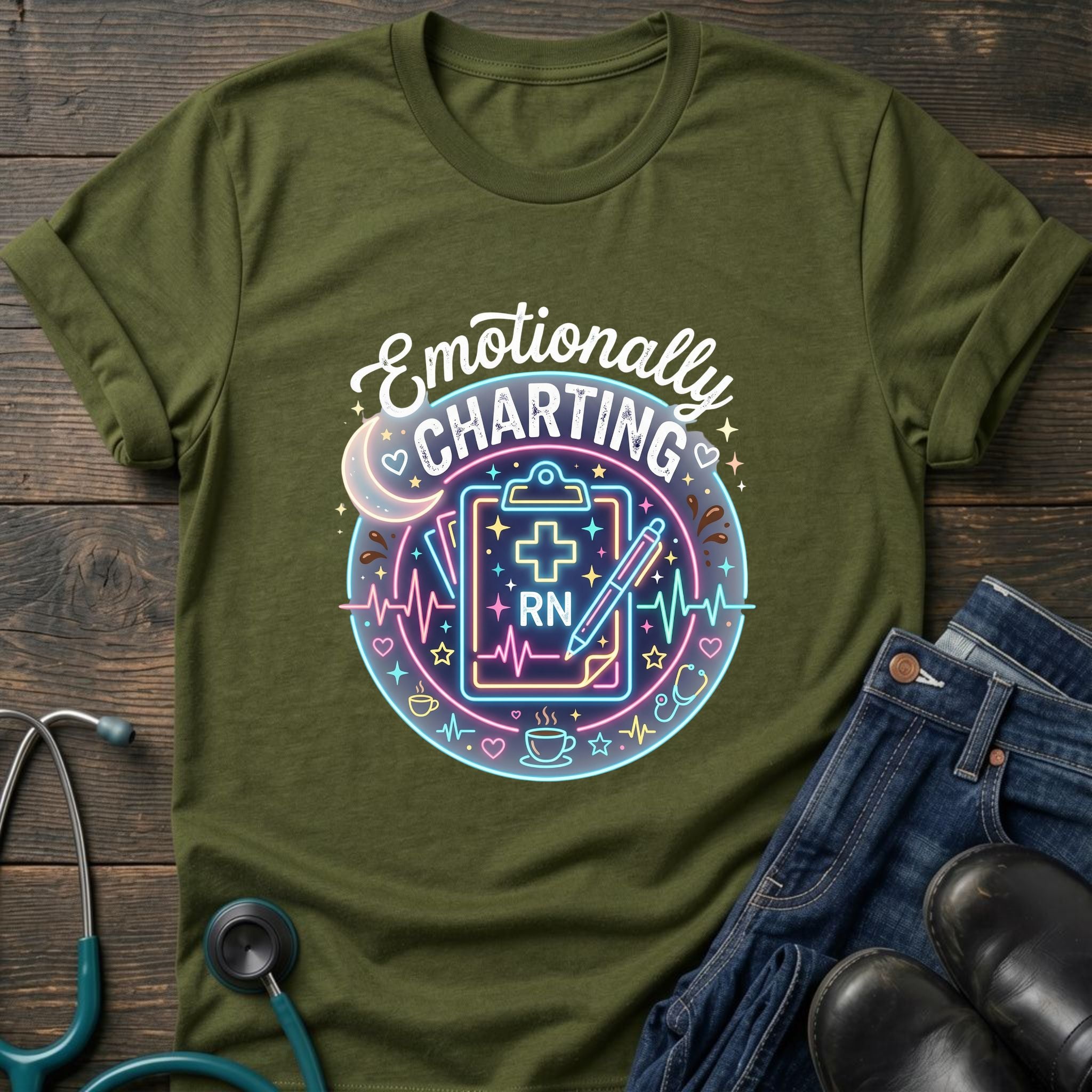 Emotionally Charting RN Stethoscope Neon Badge Nurse Tee - Dark Chocolate / S | YOUSTOMIZE
