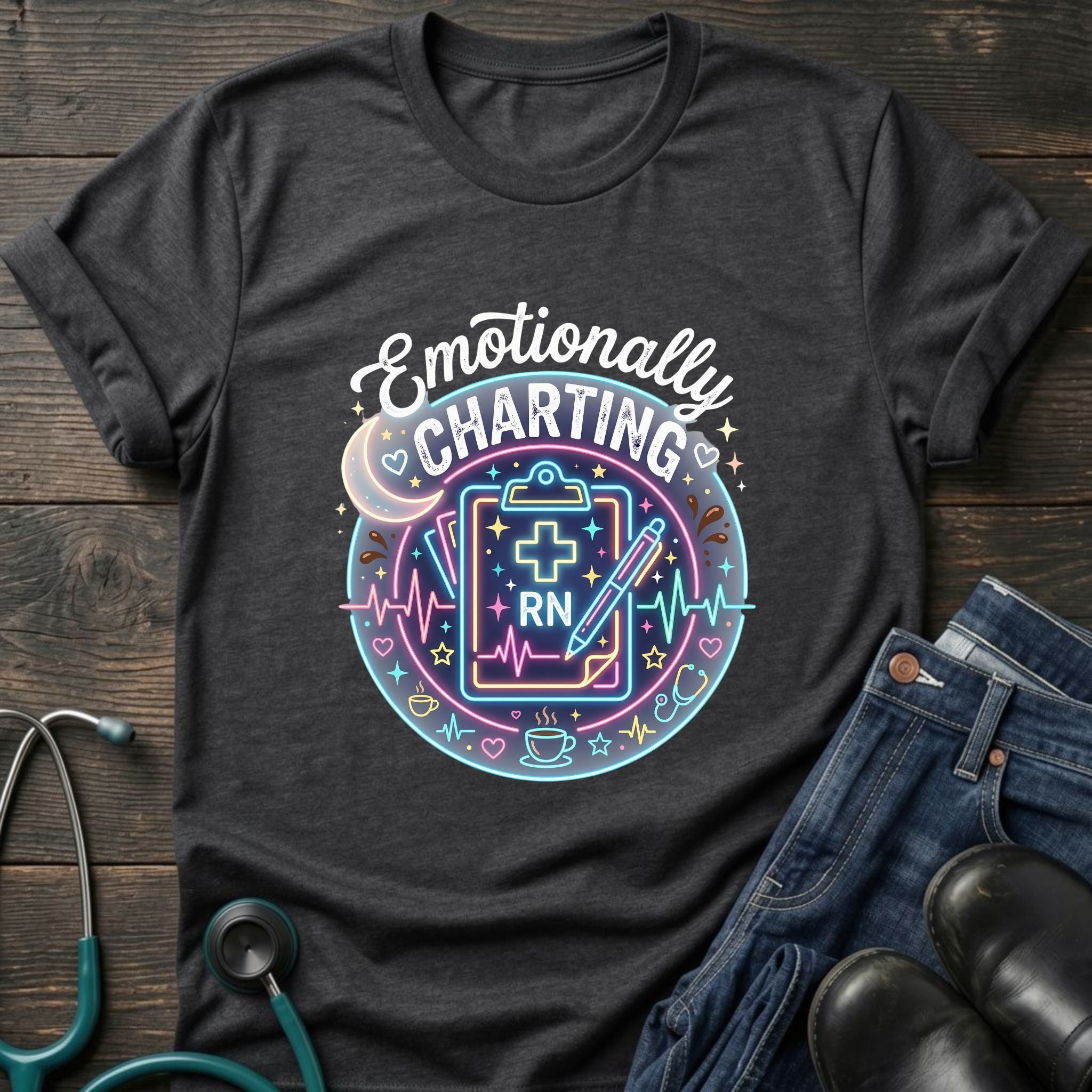 Emotionally Charting RN Stethoscope Neon Badge Nurse Tee - Dark Chocolate / S | YOUSTOMIZE