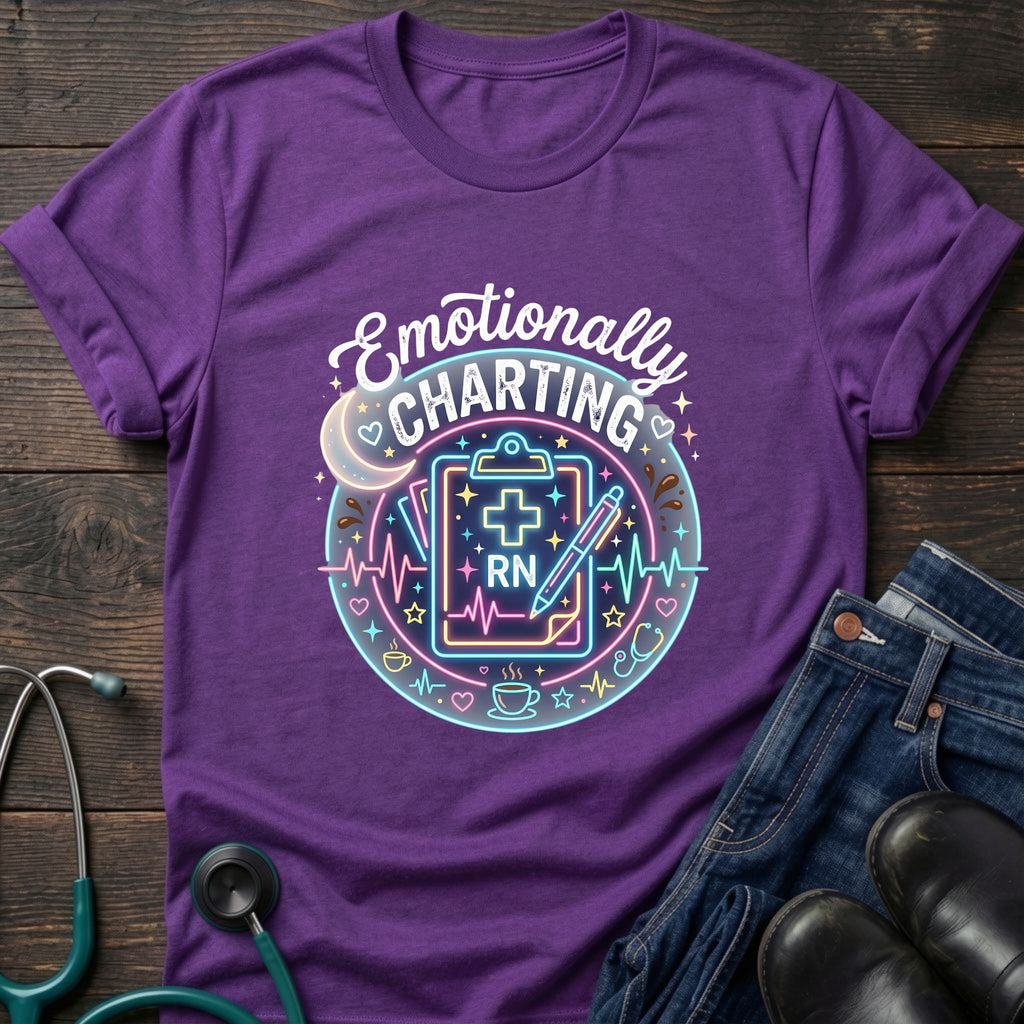 Emotionally Charting RN Stethoscope Neon Badge Nurse Tee - Dark Chocolate / S | YOUSTOMIZE