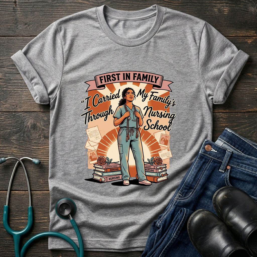 First in Family I Carried My Family Through Nursing School Tee - Dark Heather / XS | YOUSTOMIZE