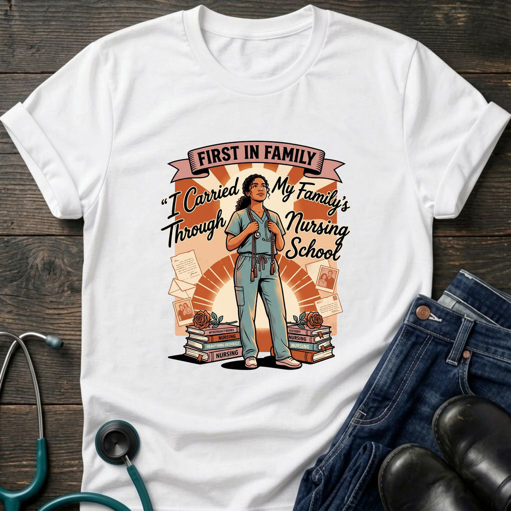 First in Family I Carried My Family Through Nursing School Tee - Dark Heather / XS | YOUSTOMIZE
