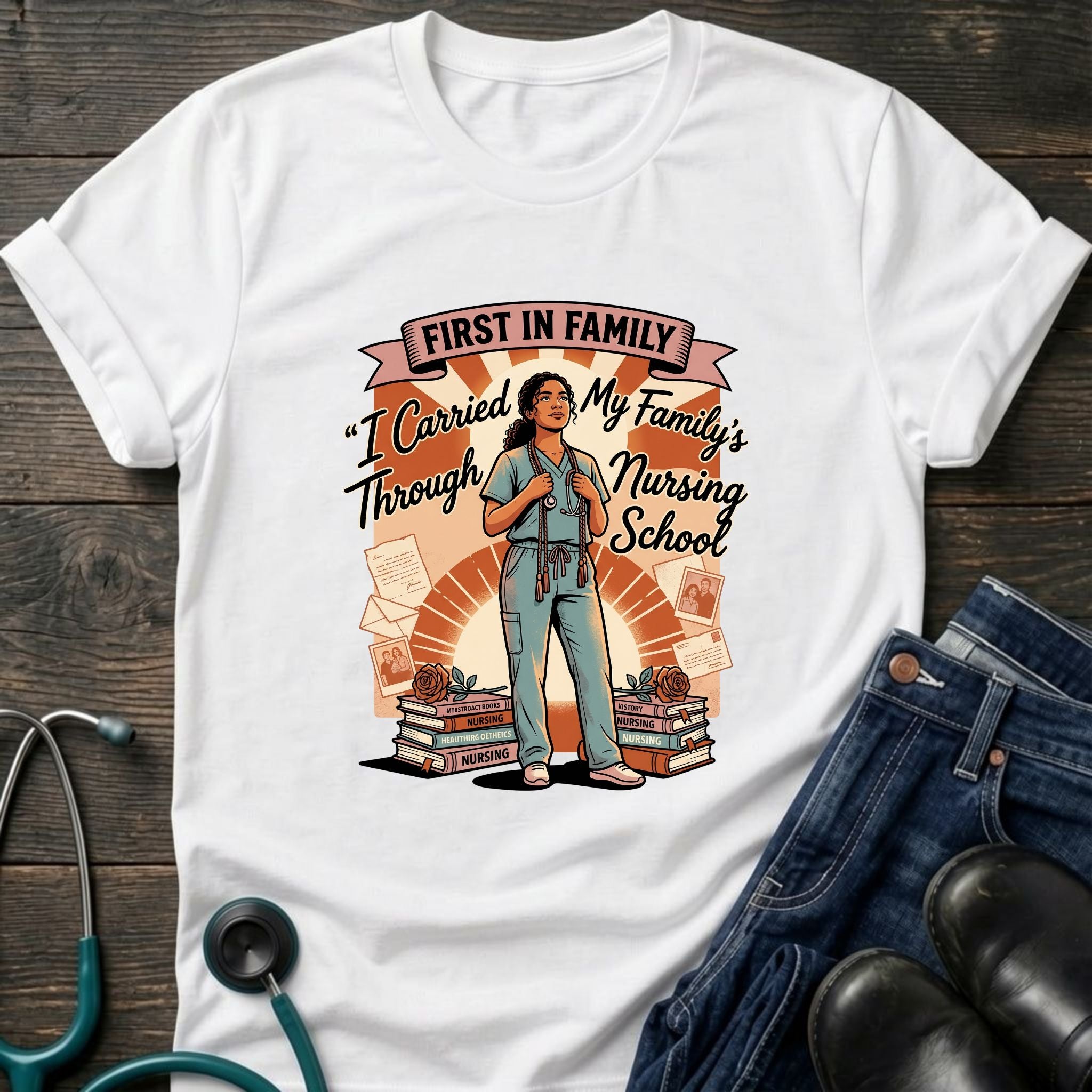 First in Family I Carried My Family Through Nursing School Tee - Dark Heather / XS | YOUSTOMIZE