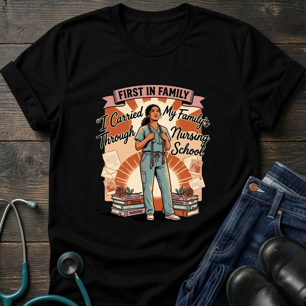 First in Family I Carried My Family Through Nursing School Tee - Dark Heather / XS | YOUSTOMIZE