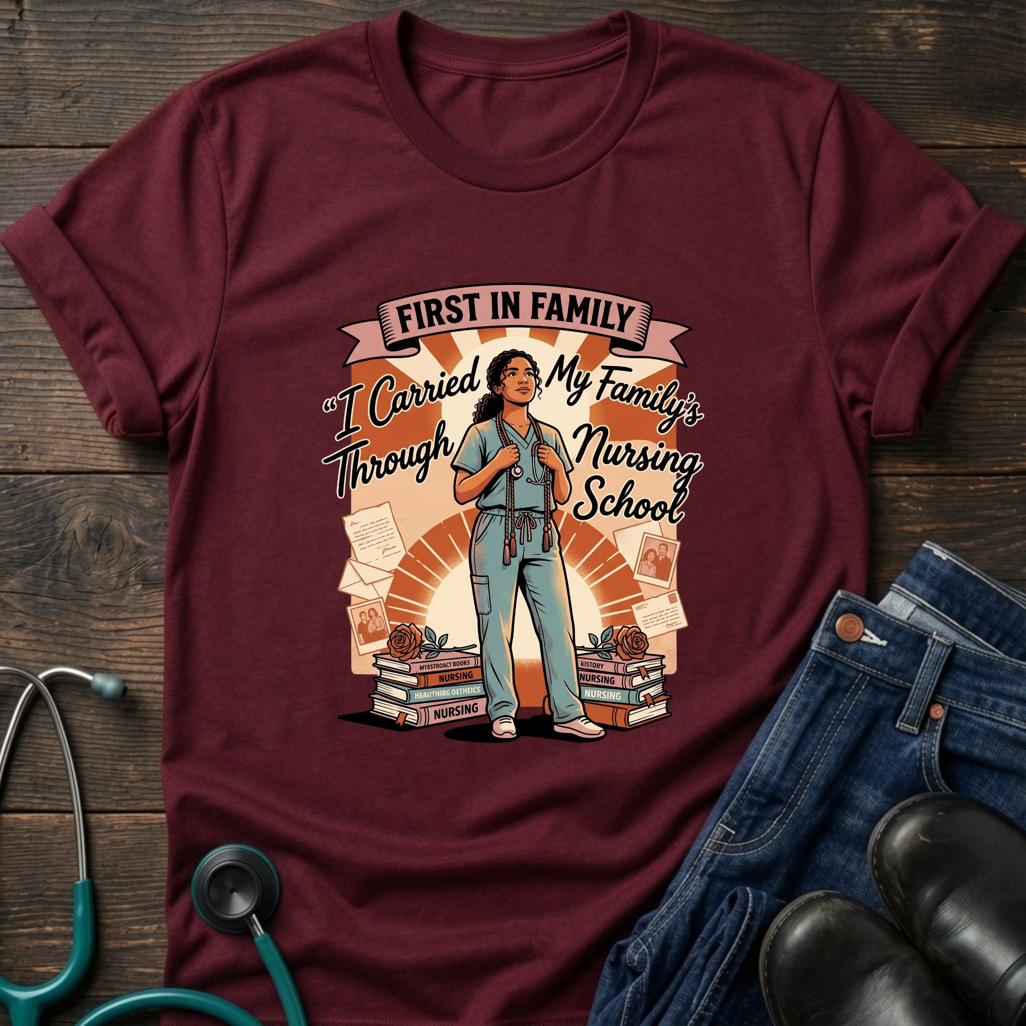 First in Family I Carried My Family Through Nursing School Tee - Dark Heather / XS | YOUSTOMIZE