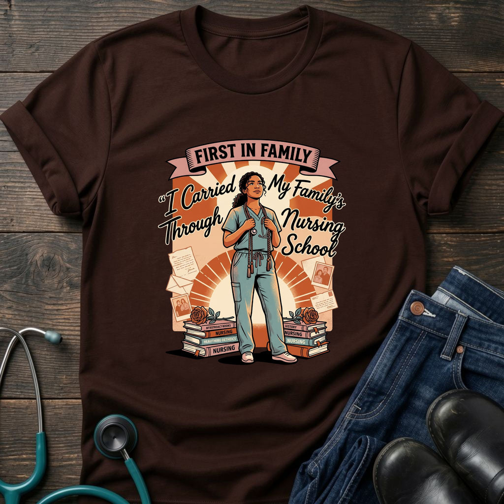 First in Family I Carried My Family Through Nursing School Tee - Dark Heather / XS | YOUSTOMIZE