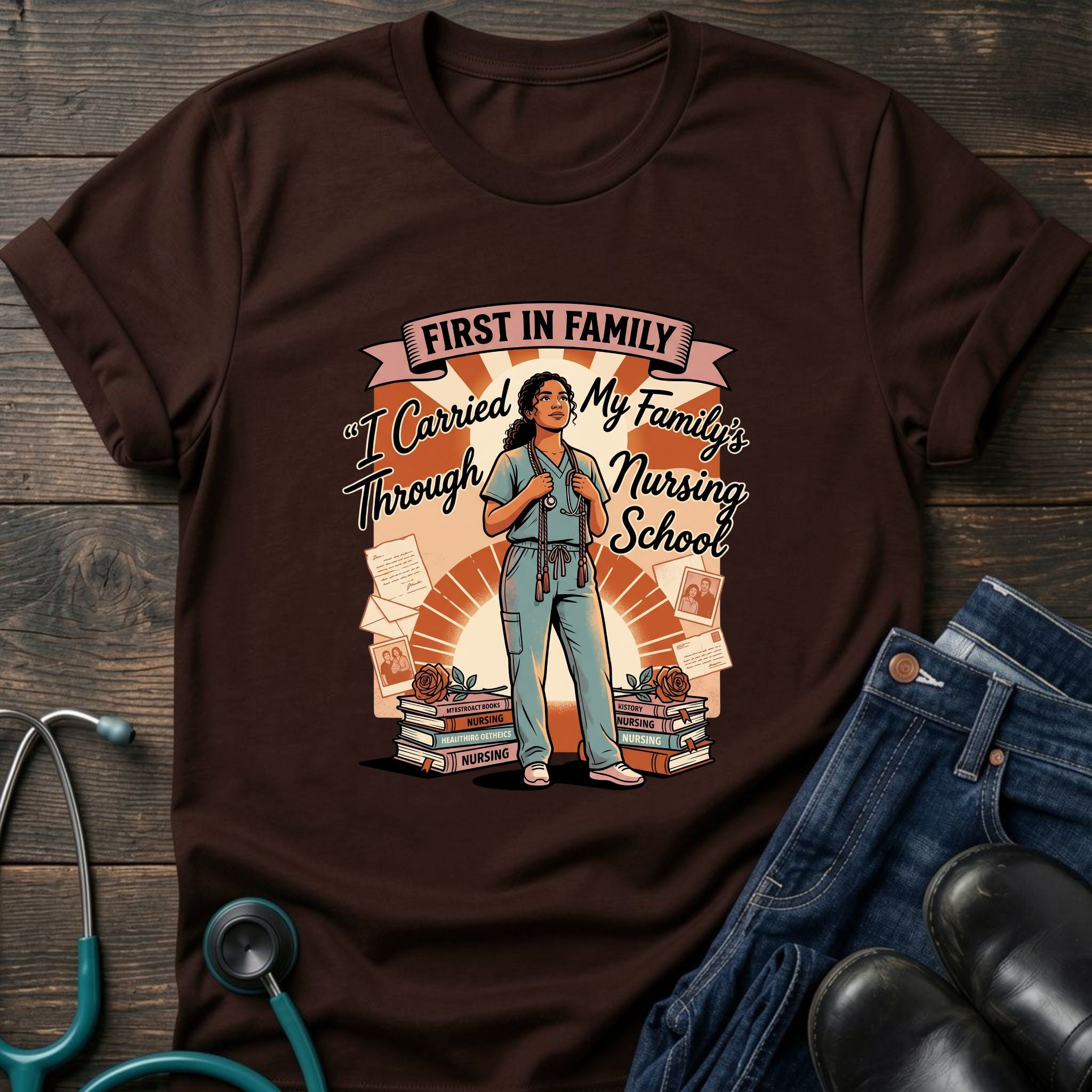 First in Family I Carried My Family Through Nursing School Tee - Dark Heather / XS | YOUSTOMIZE