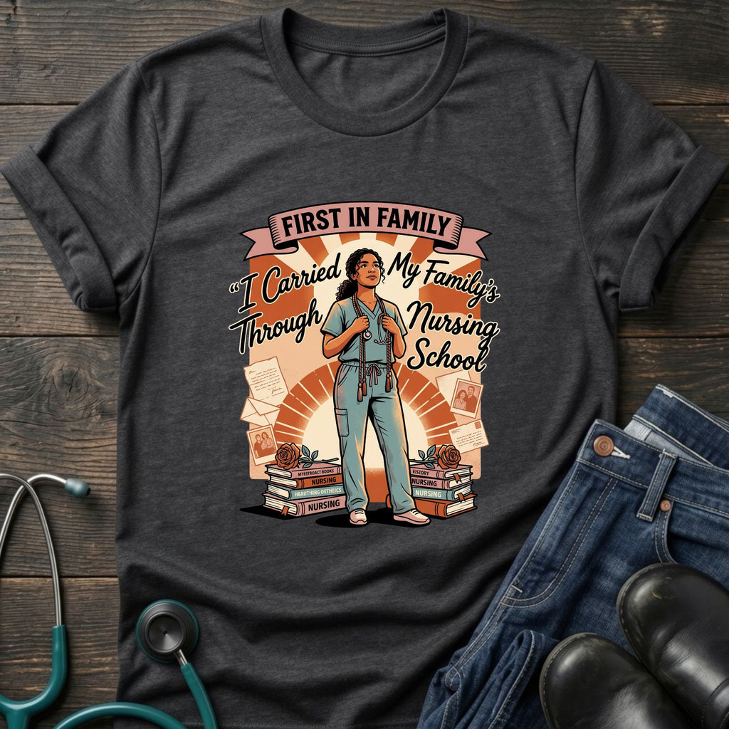 First in Family I Carried My Family Through Nursing School Tee - Dark Heather / XS | YOUSTOMIZE