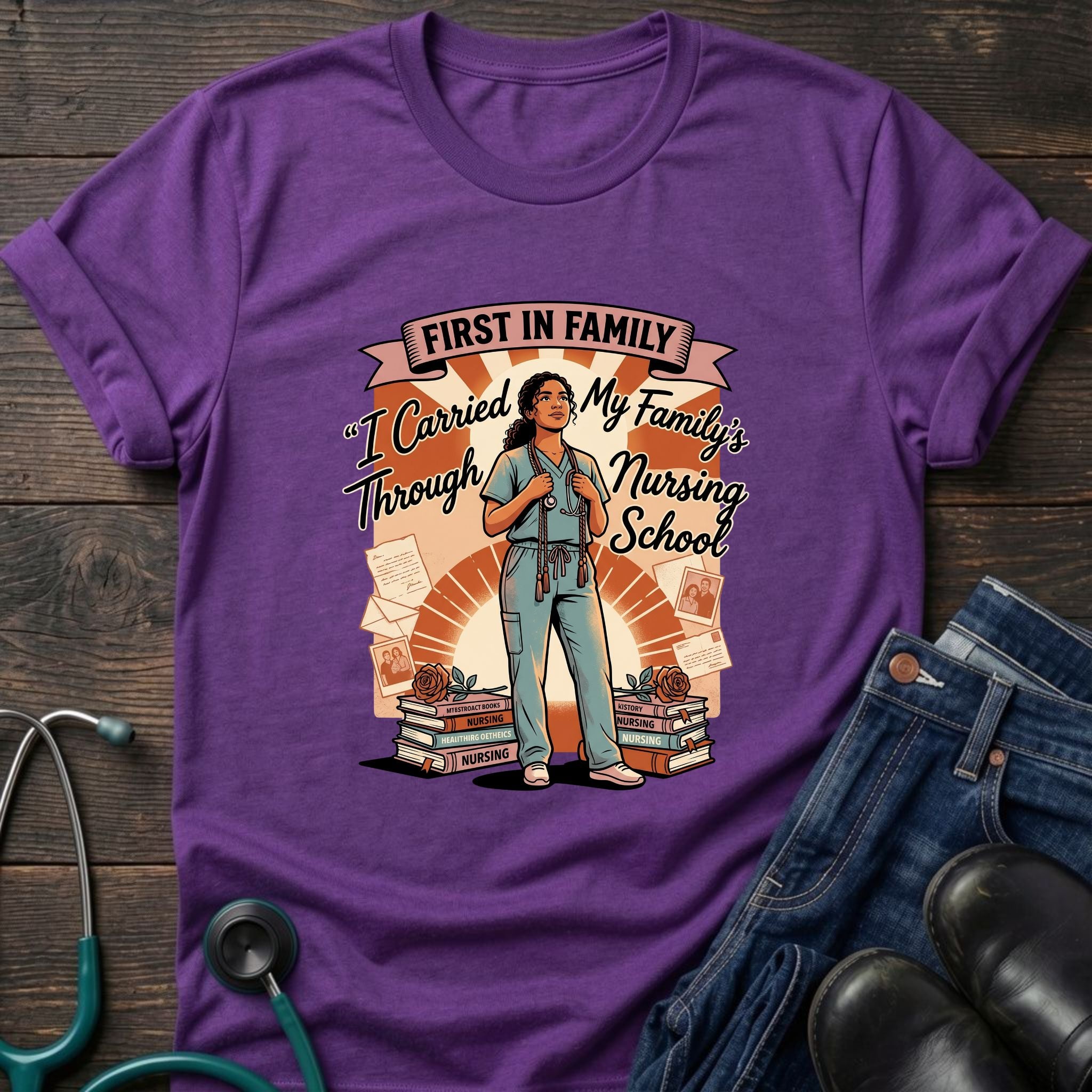 First in Family I Carried My Family Through Nursing School Tee - Dark Heather / XS | YOUSTOMIZE