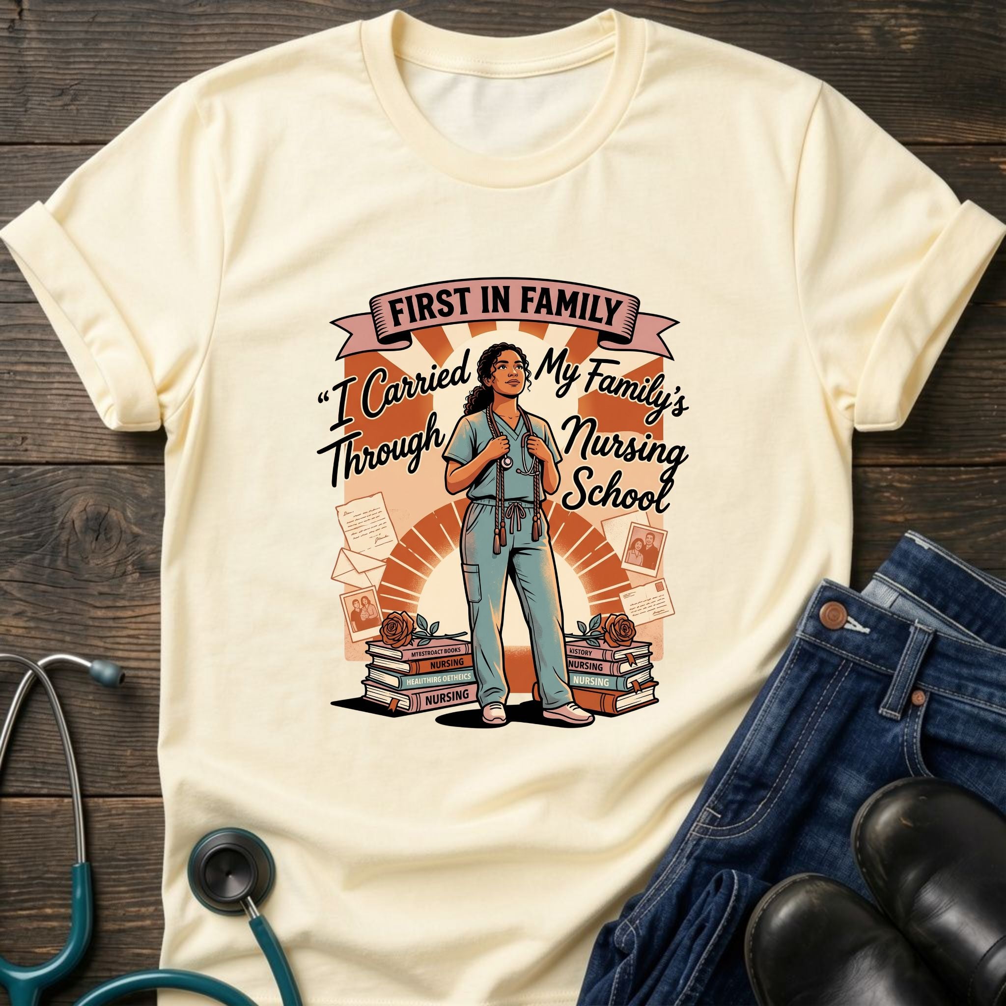 First in Family I Carried My Family Through Nursing School Tee - Dark Heather / XS | YOUSTOMIZE
