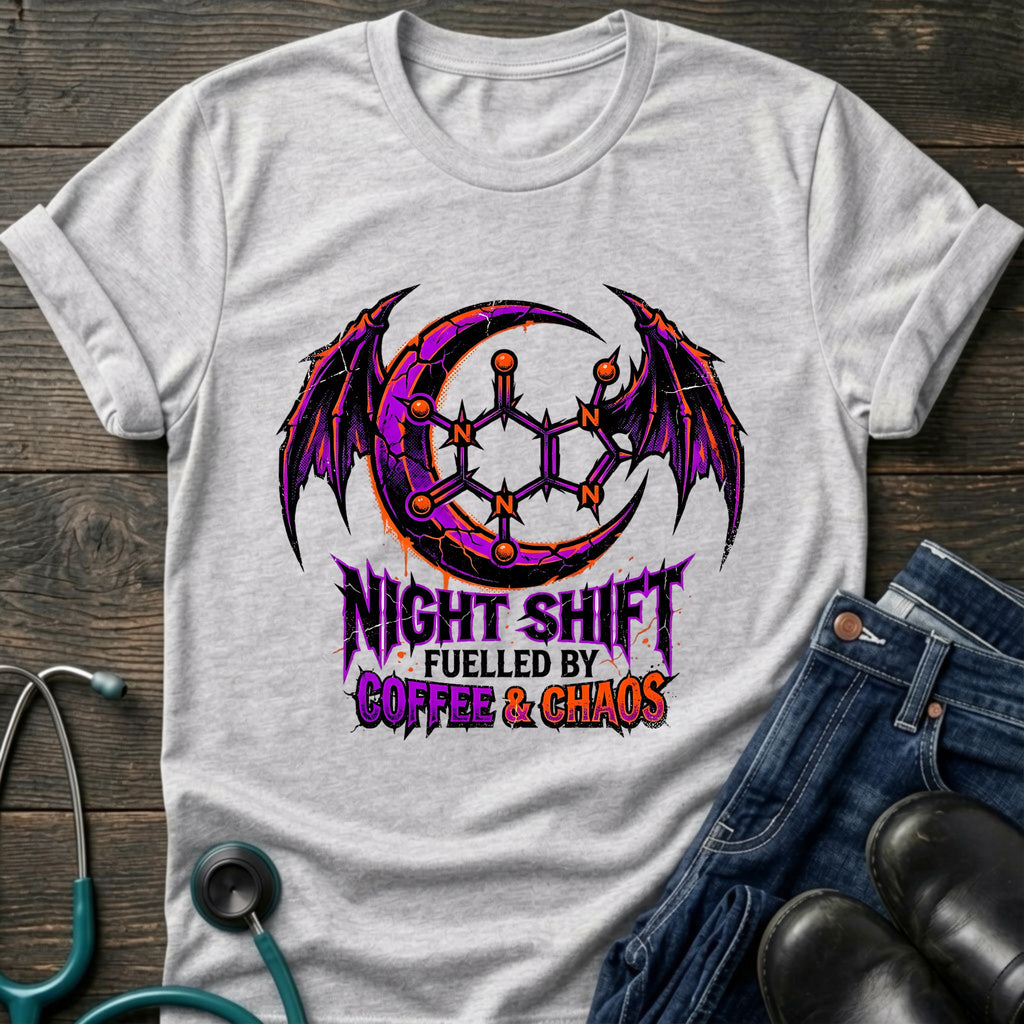 Fueled by Caffeine and Chaos Night Shift Tee - White / XS | YOUSTOMIZE