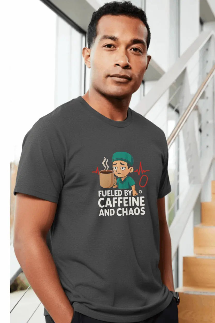 Fueled by Caffeine and Chaos T-Shirt — Funny Nurse/Medic Coffee Tee - YOUSTOMIZE
