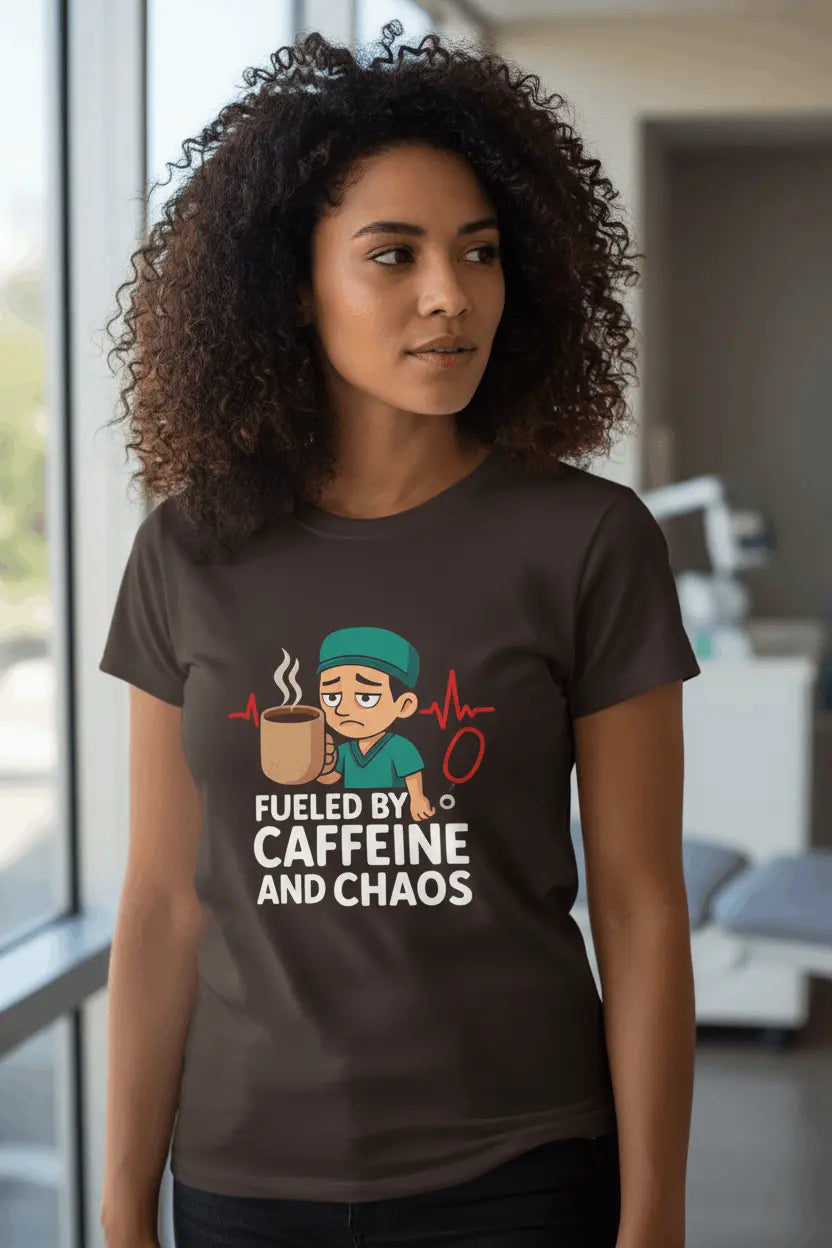 Fueled by Caffeine and Chaos T-Shirt — Funny Nurse/Medic Coffee Tee - YOUSTOMIZE
