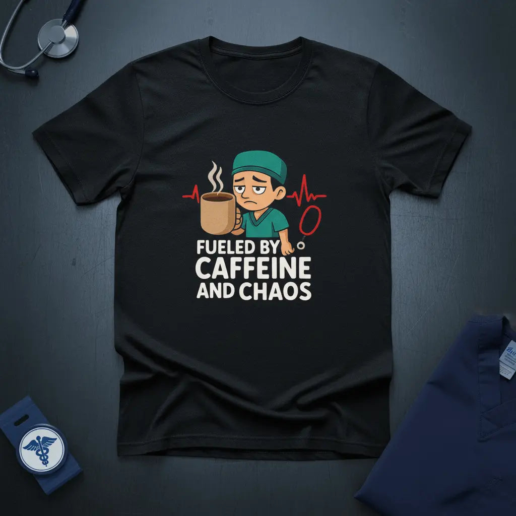 Fueled by Caffeine and Chaos T-Shirt — Funny Nurse/Medic Coffee Tee - YOUSTOMIZE