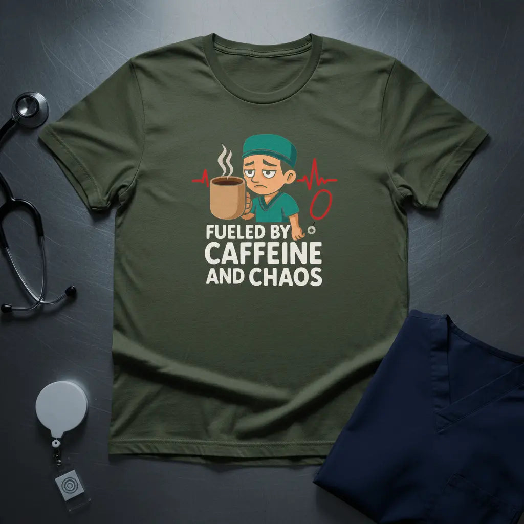 Fueled by Caffeine and Chaos T-Shirt — Funny Nurse/Medic Coffee Tee - YOUSTOMIZE