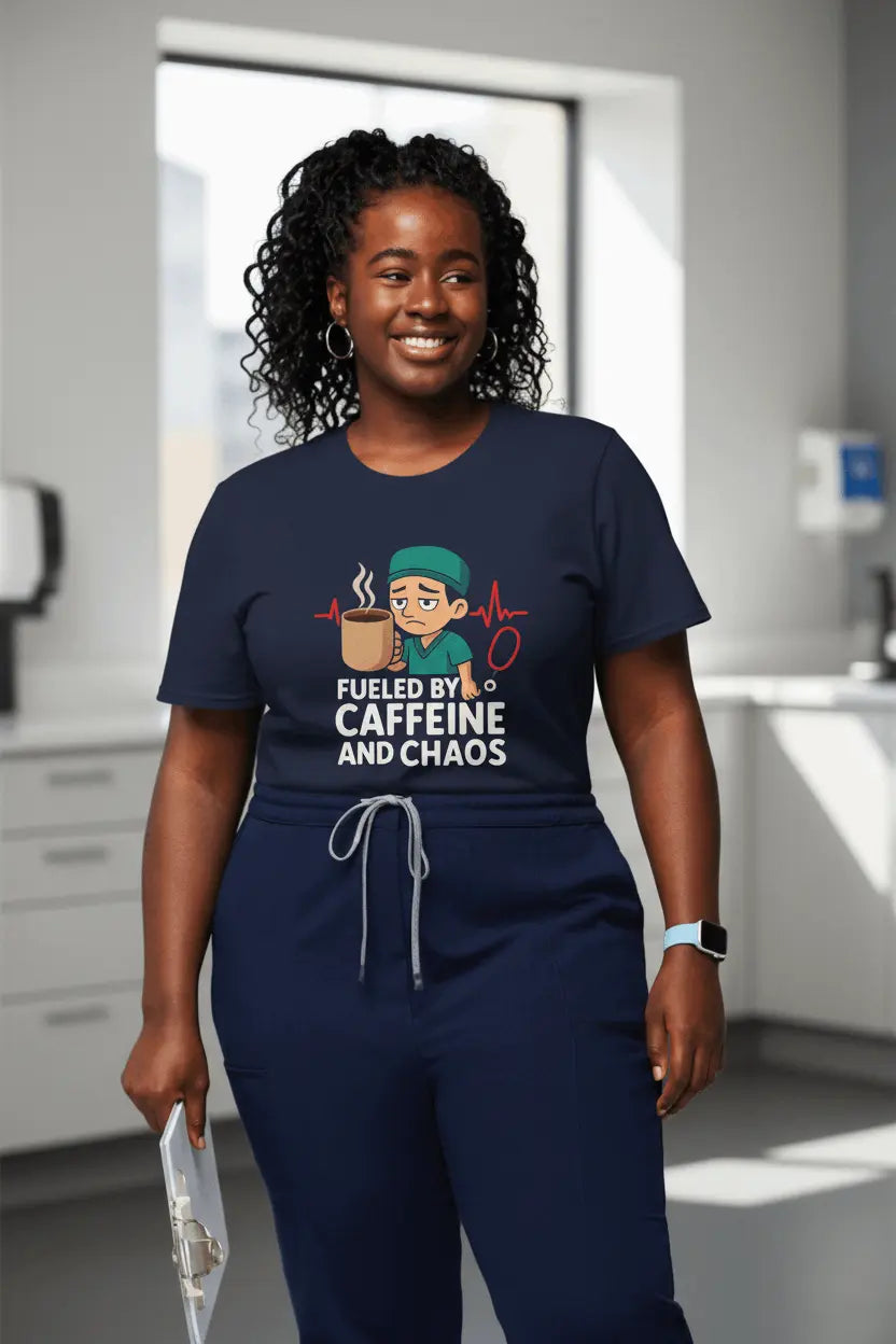Fueled by Caffeine and Chaos T-Shirt — Funny Nurse/Medic Coffee Tee - YOUSTOMIZE