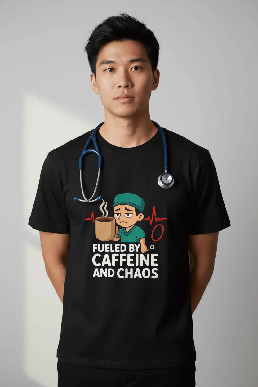 Fueled by Caffeine and Chaos T-Shirt — Funny Nurse/Medic Coffee Tee - YOUSTOMIZE
