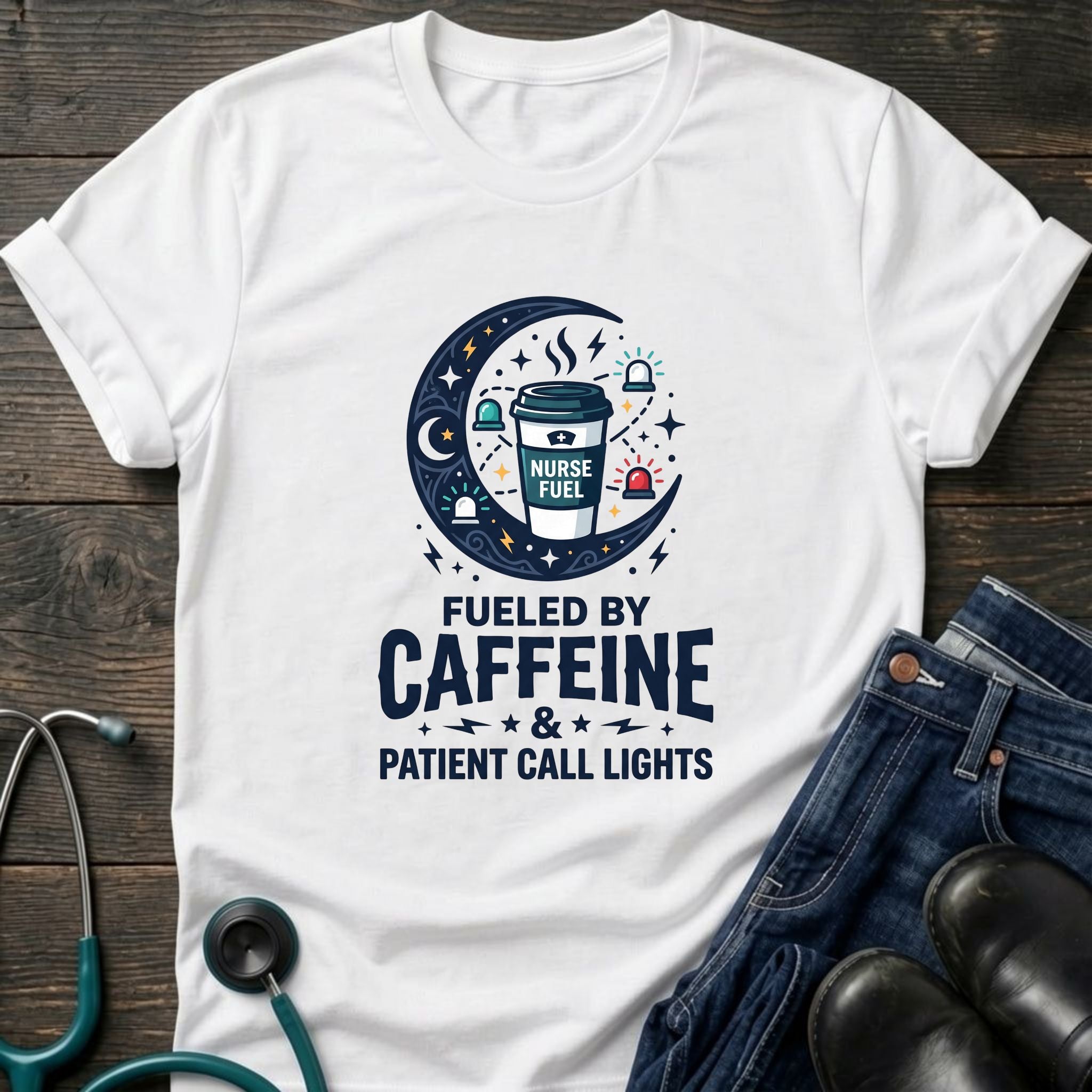 Fueled by Caffeine and Patient Call Lights Nurse Humor Tee - White / XS | YOUSTOMIZE
