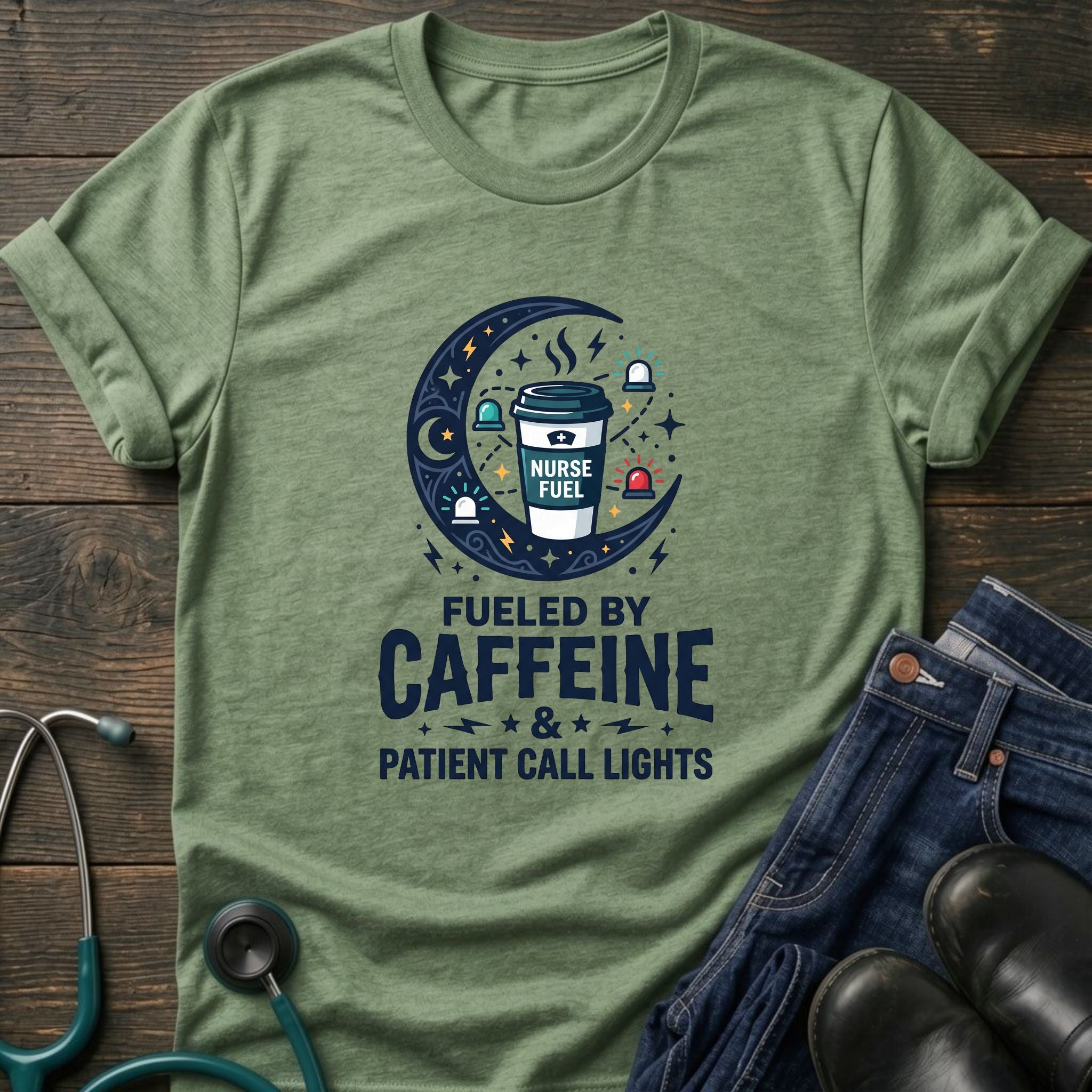 Fueled by Caffeine and Patient Call Lights Nurse Humor Tee - White / XS | YOUSTOMIZE