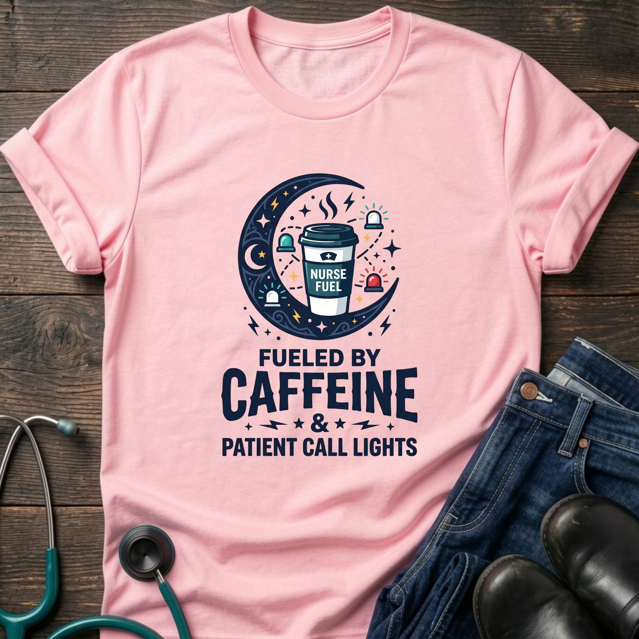 Fueled by Caffeine and Patient Call Lights Nurse Humor Tee - White / XS | YOUSTOMIZE