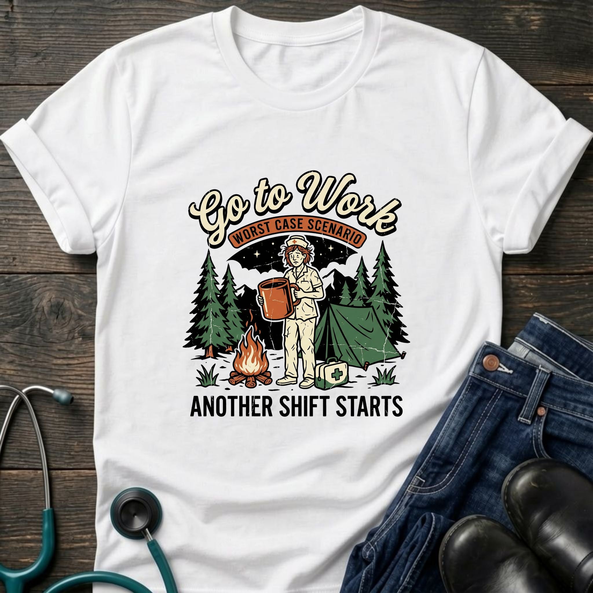 Go to Work Another Shift Starts Campfire Nurse Tee - Sport Grey / XS | YOUSTOMIZE