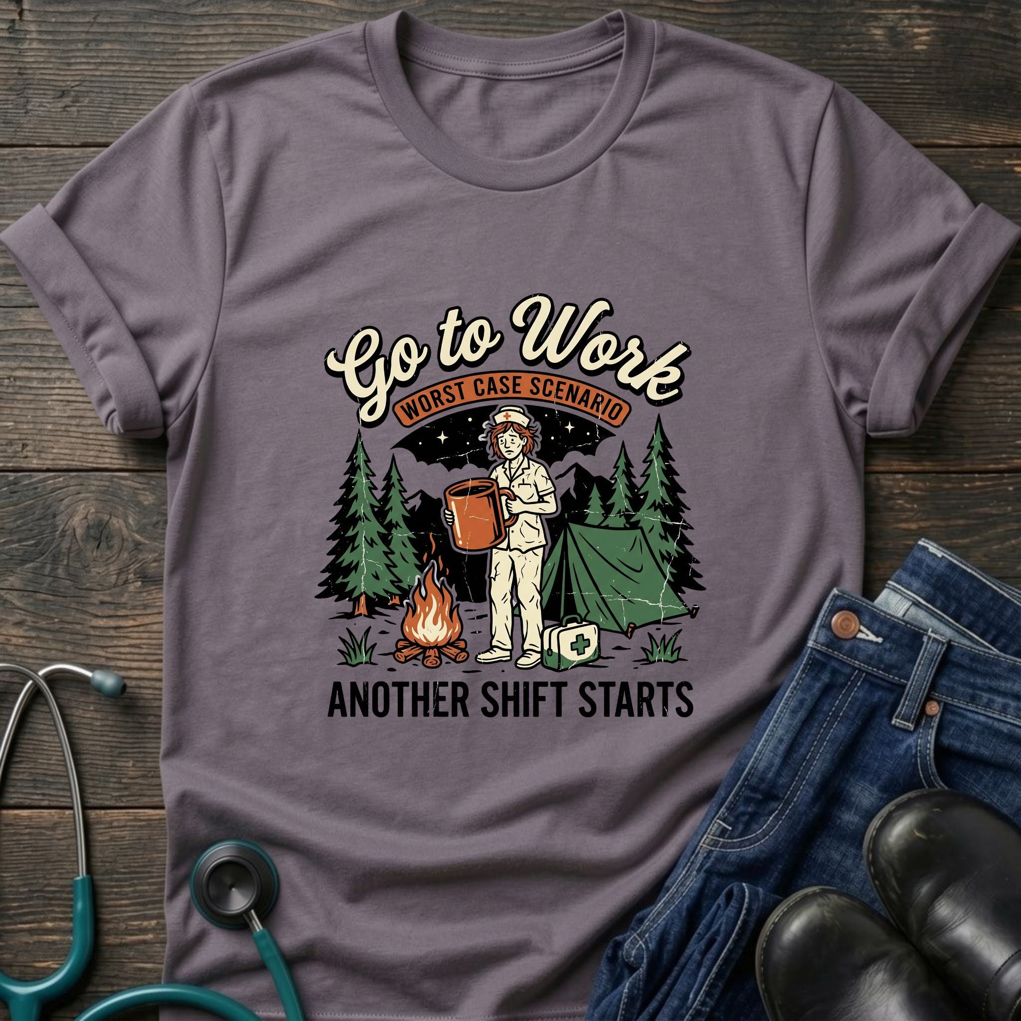 Go to Work Another Shift Starts Campfire Nurse Tee - Sport Grey / XS | YOUSTOMIZE
