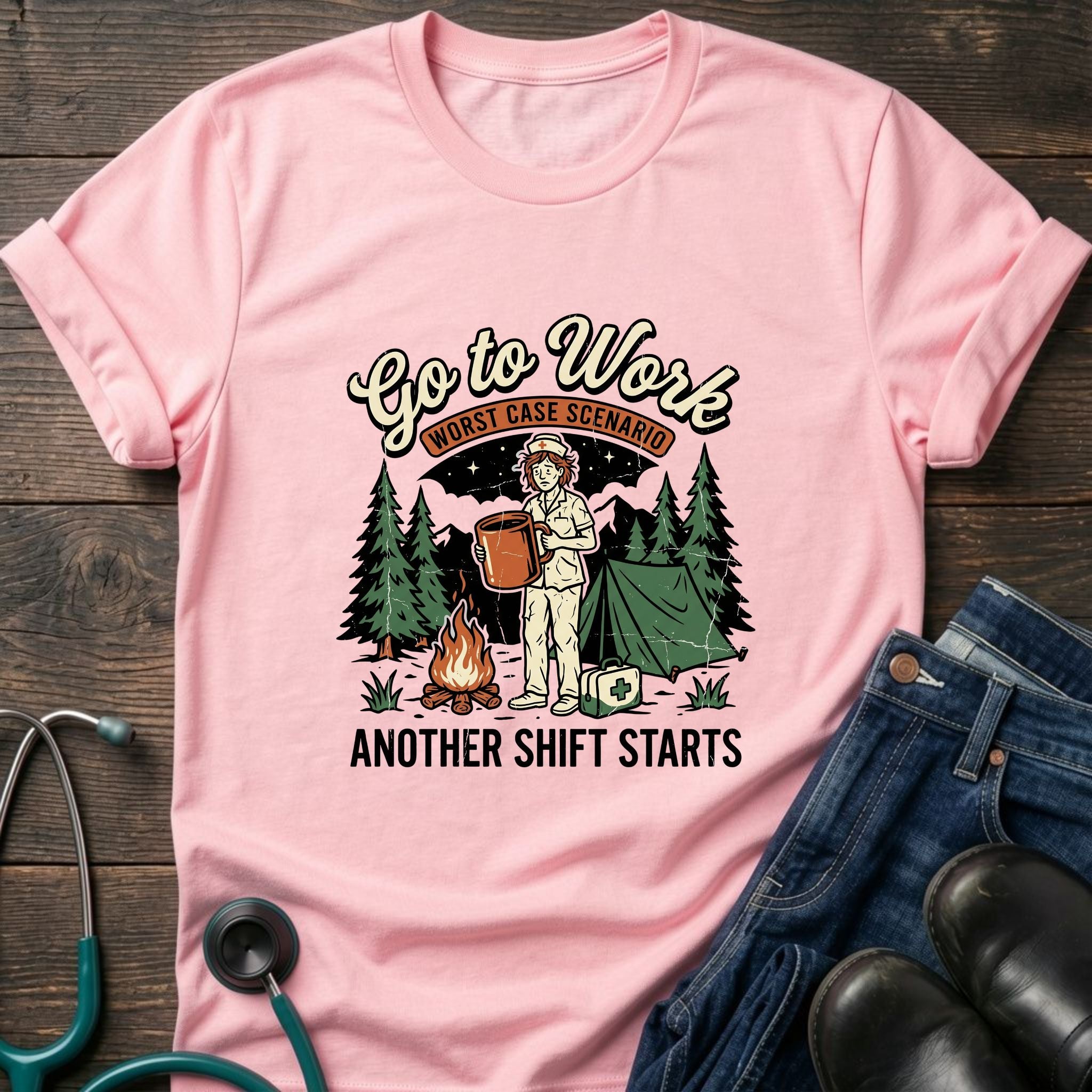 Go to Work Another Shift Starts Campfire Nurse Tee - Sport Grey / XS | YOUSTOMIZE
