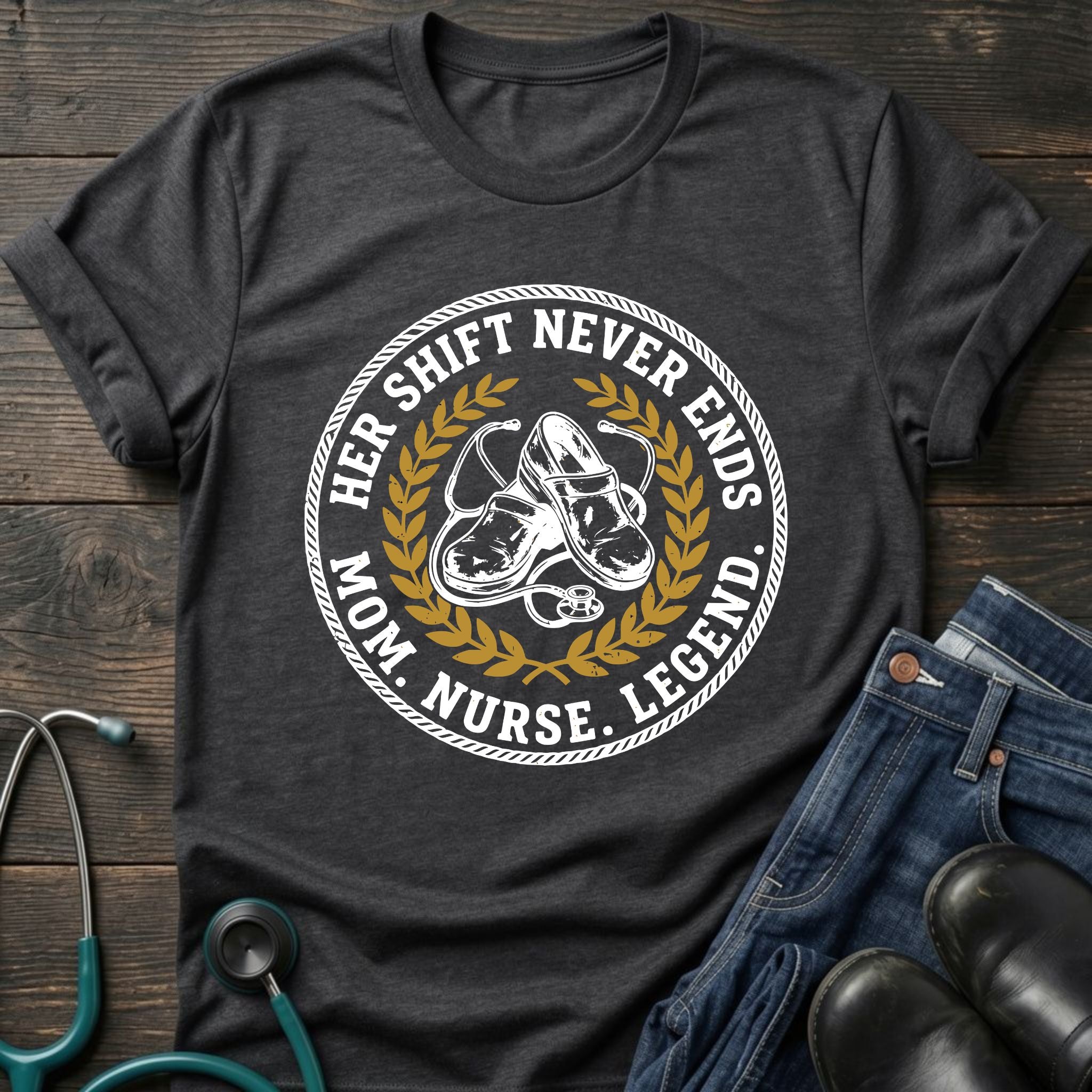 Her Shift Never Ends Nurse Mom Legend Tee - Navy / XS | YOUSTOMIZE