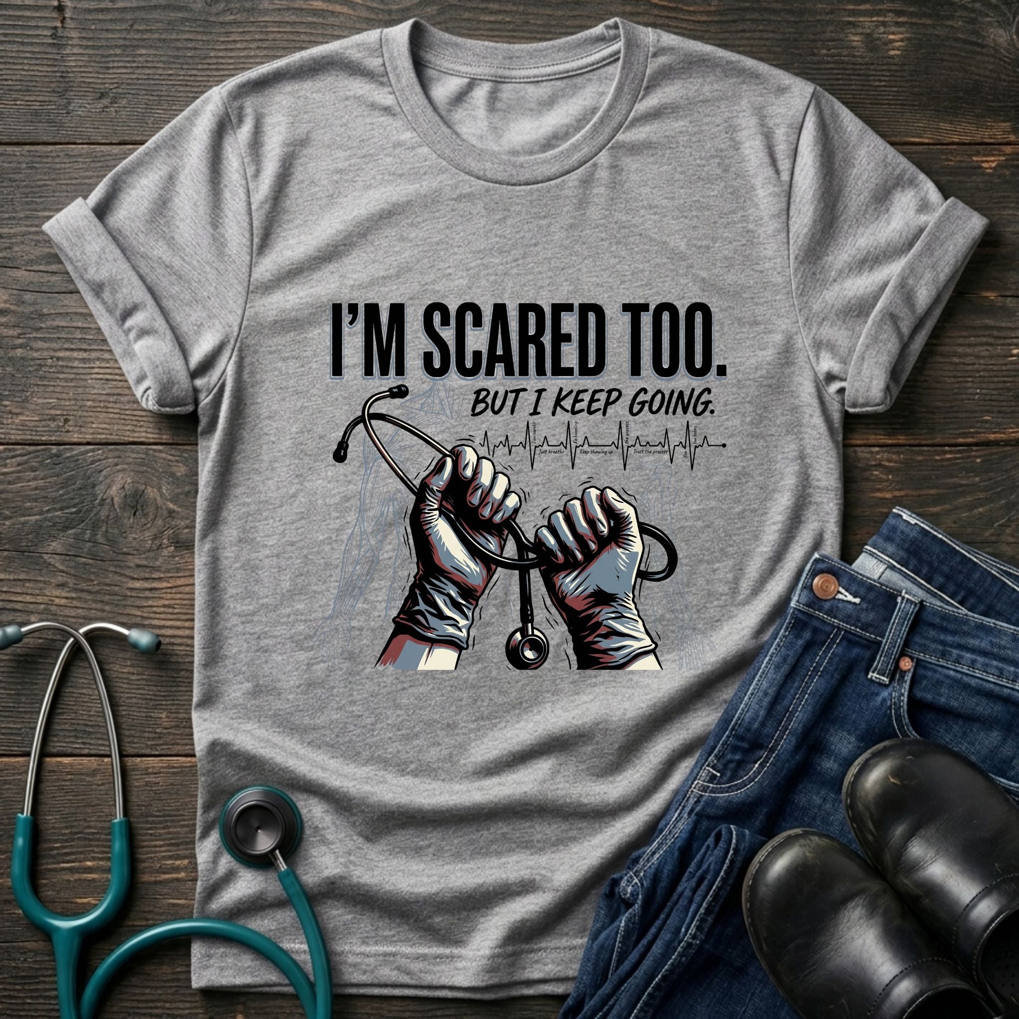 I'm Scared Too But I Keep Going Motivational Nurse Healthcare Tee - White / XS | YOUSTOMIZE